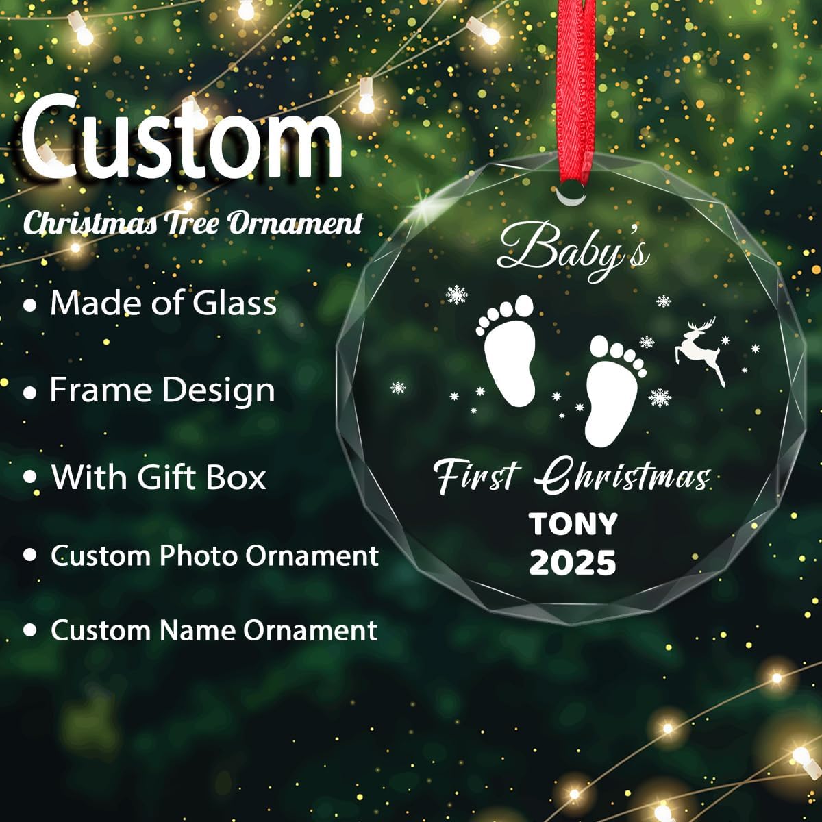 Personalized Baby's First Christmas Ornament 2025, Custom Name Crystal Hanging Decorations for Xmas Tree Memorial Keepsake Gift for Family Dad Mom Husband Wife Her Couple