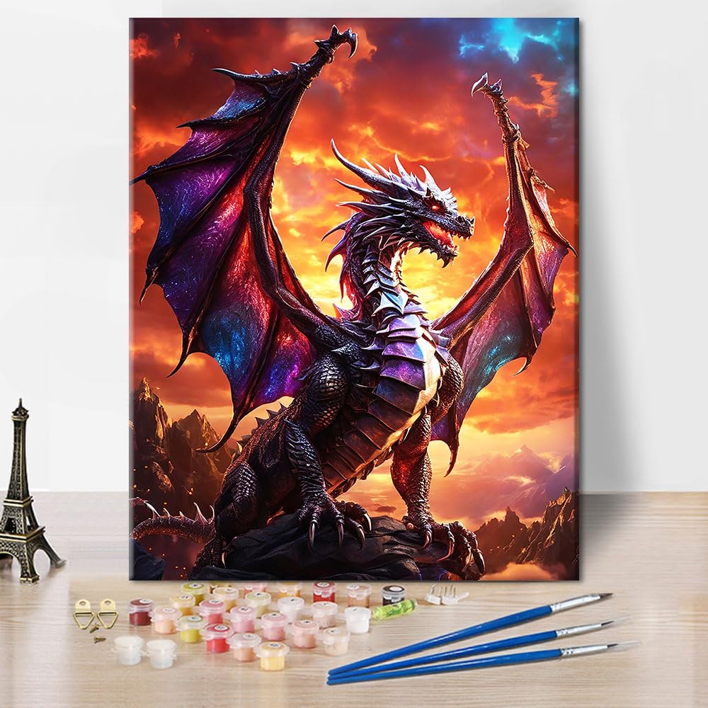 TISHIRON Majestic Dragon Paint by Numbers for Adults Dragon Painting by Number Beginner Adult Painting by Number Kits with Brushes and Acrylic Paints Canvas for Beginners 16x20 Inch Without Frame