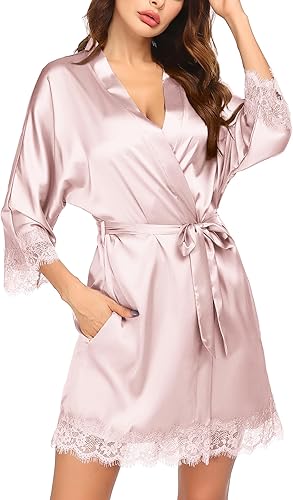 Miniatura 2 de HOTOUCH Bata de seda para mujer, bata corta de satén con ribete de encaje, manga 34, sexy, kimono, ropa de dormir con bolsillos