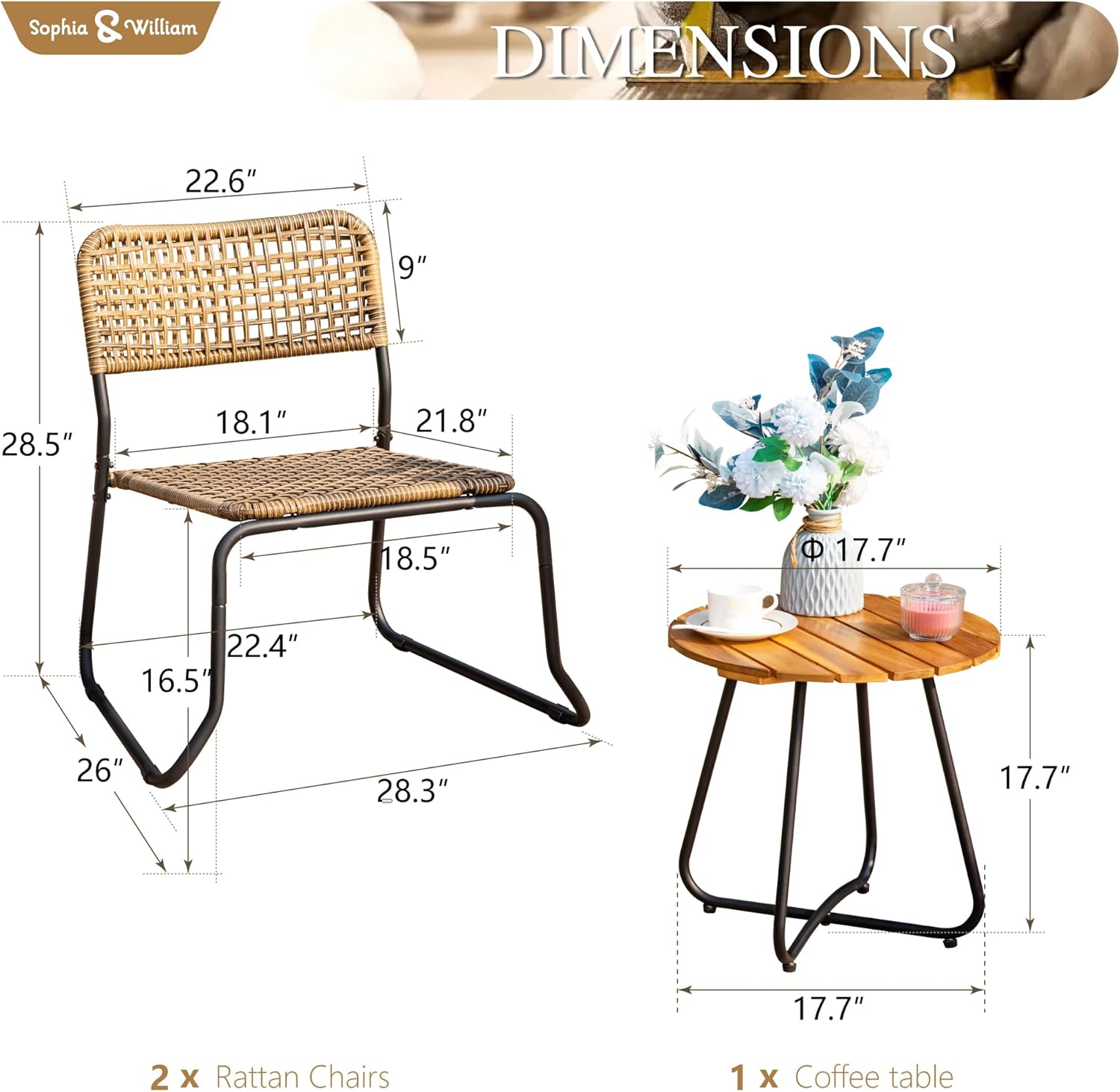 Sophia & William 3-Piece Bistro Set - Stackable PE Rattan Chairs & Acacia Wood Table, Modern Outdoor Conversation Set for Patio, Balcony, Garden (2 Chairs + Round Table)