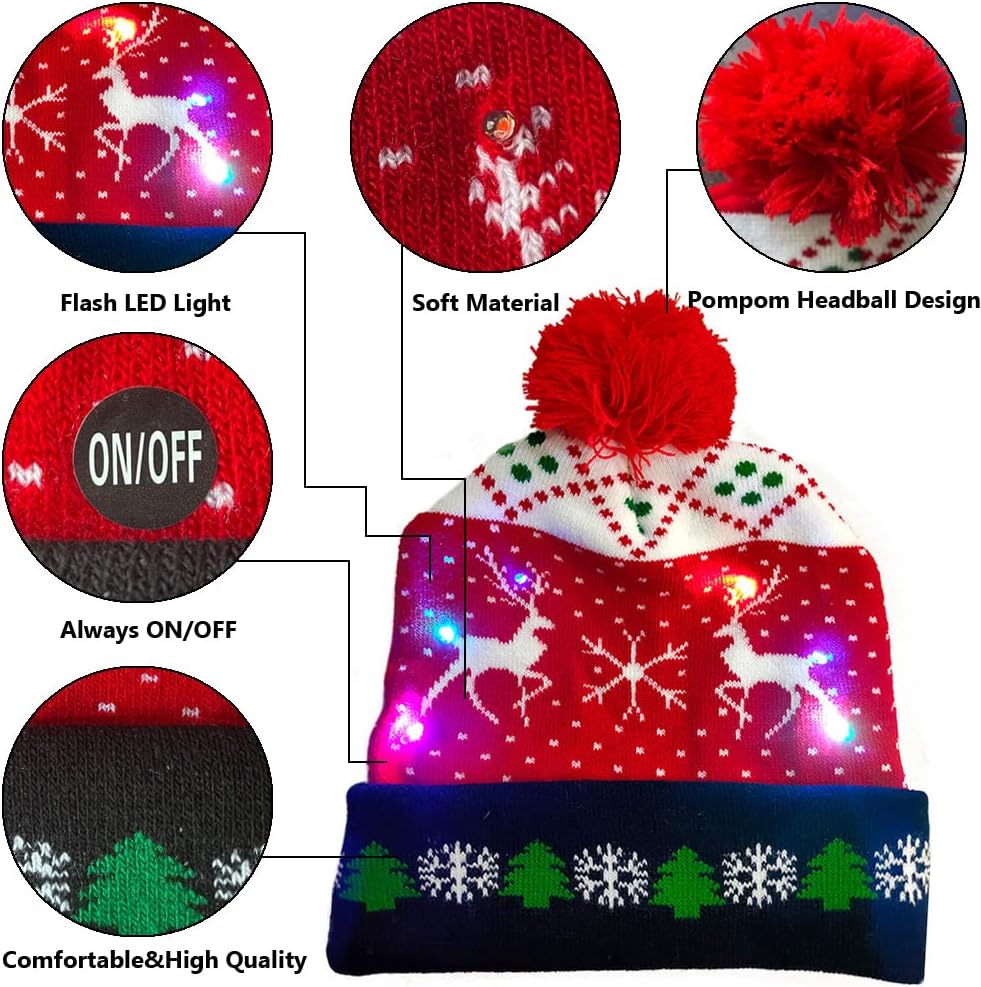 2 Pack LED Christmas Light-up Sweater Hats, Colorful Flashing Knitted Beanie Xmas Christmas Party Supplies, Unisex Winter Snow Hat with Snowman Printing for Funny Christmas Hat(One Size Fits More) - Image 4