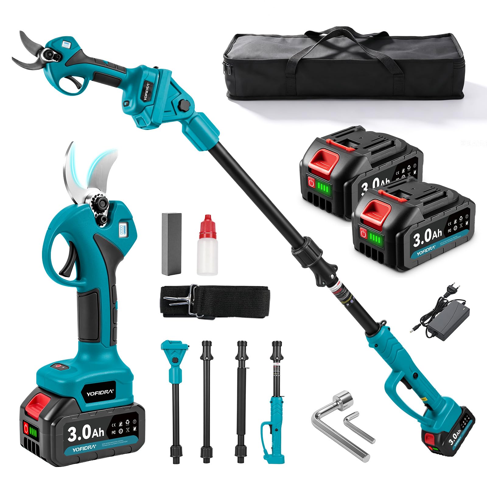 Yofidra 2-in-1 Akku Hochentaster, 30mm Elektrische Astschere Teleskopstiel mit 2 x 3000mAh Akku, 300W Bürstenloser Motor, LCD-Display, Max. Reichweite bis 4,2m, Gartenschere für Äste, Obstbaum