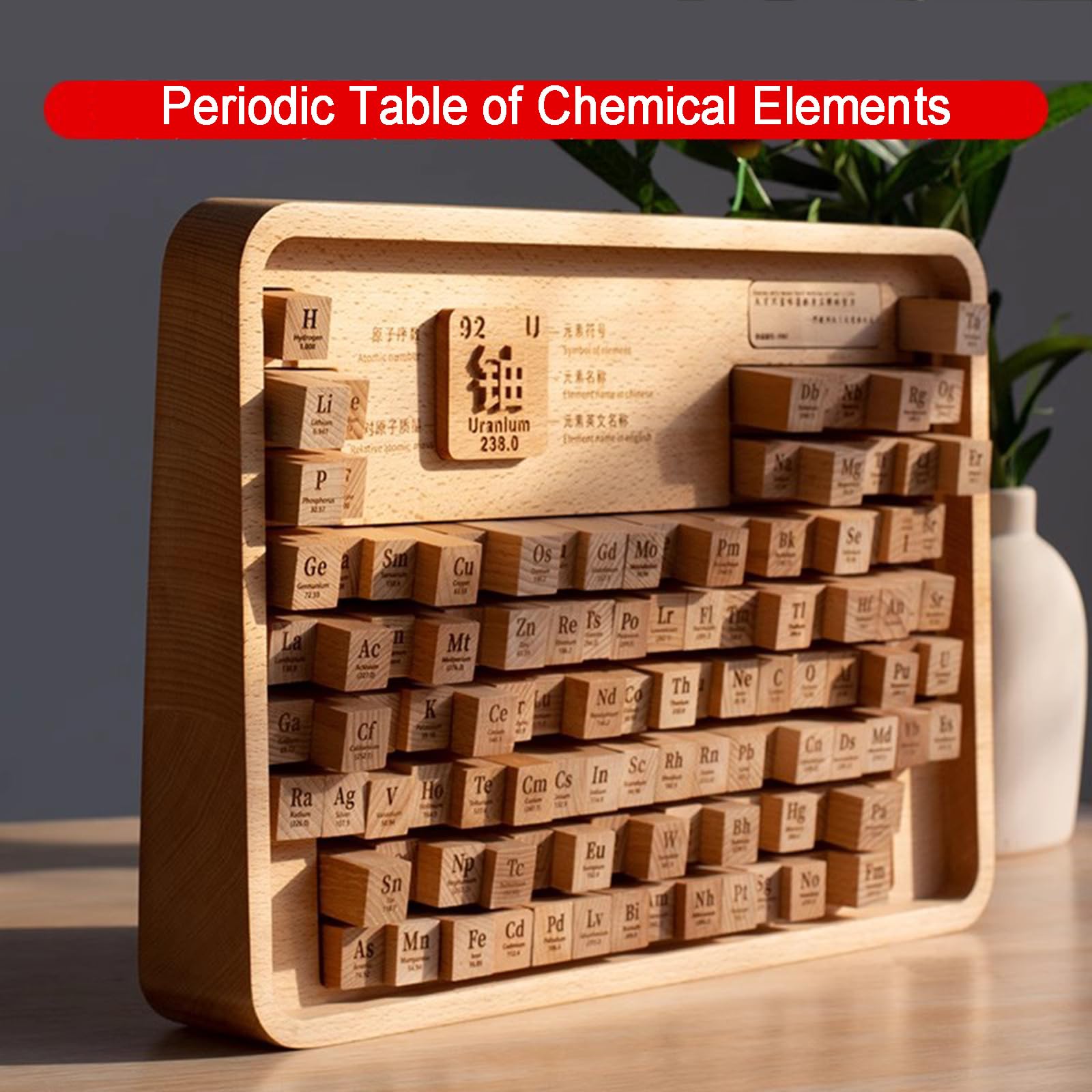 Tavola Periodica degli Elementi, Espositore a Blocchi con 120 Elementi, Cornice in Legno, con Supporto Regolabile, Regalo Didattico per Appassionati di Scienza E Insegnanti