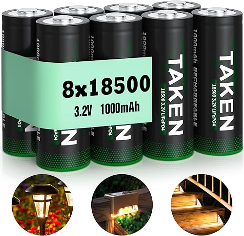 Taken Batería solar de repuesto 18500 de 3.2 voltios, LiFePO4 recargable de 3.2 V, baterías de litio para luces solares al aire libre, linterna,