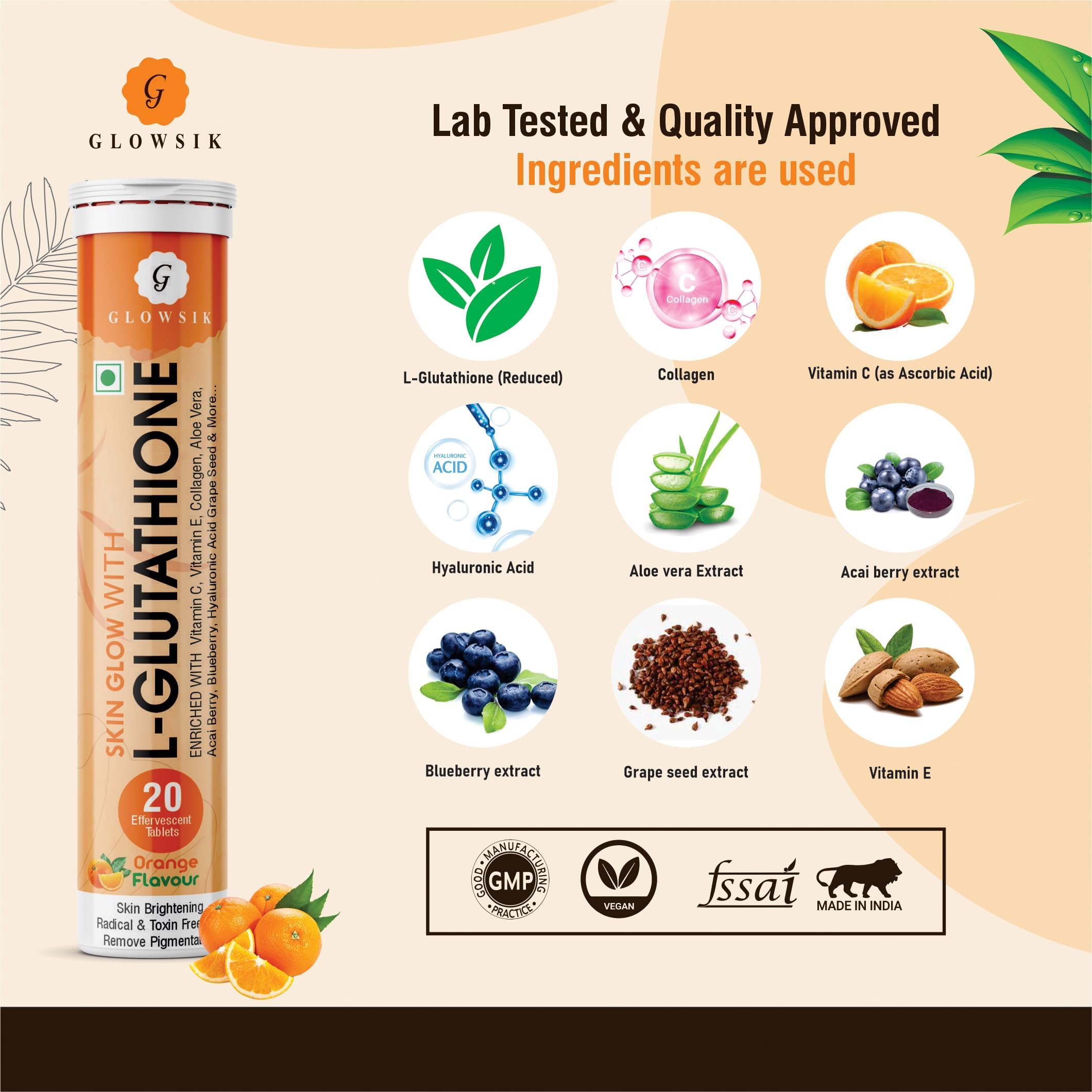 Glowsik Glutathione with Vitamin C, 40 Effervescent Tablets for Skin Health, 600mg Glutathione Reduced, Antioxidants Supplements for Glowing Skin Health, Orange Flavour - Image 2 thumbnail