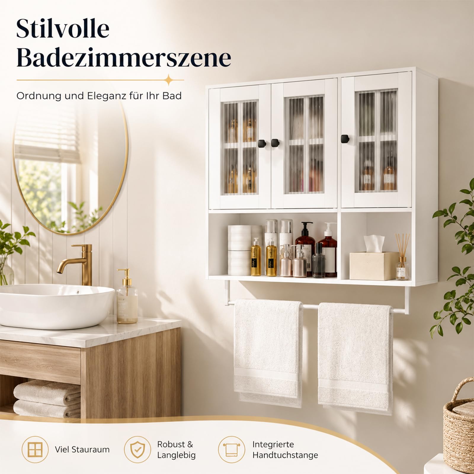 Yorbay Armadietto da bagno sospeso, grande capacità, con asta porta