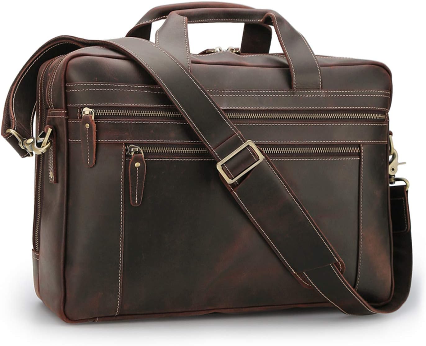 Vints 17 Inch Full Grain Leather Briefcase Messenger Laptop Bag Sleeve,Business Case Shoulder Bag for Men Travel with Trolly Strap Brown Large Capacity