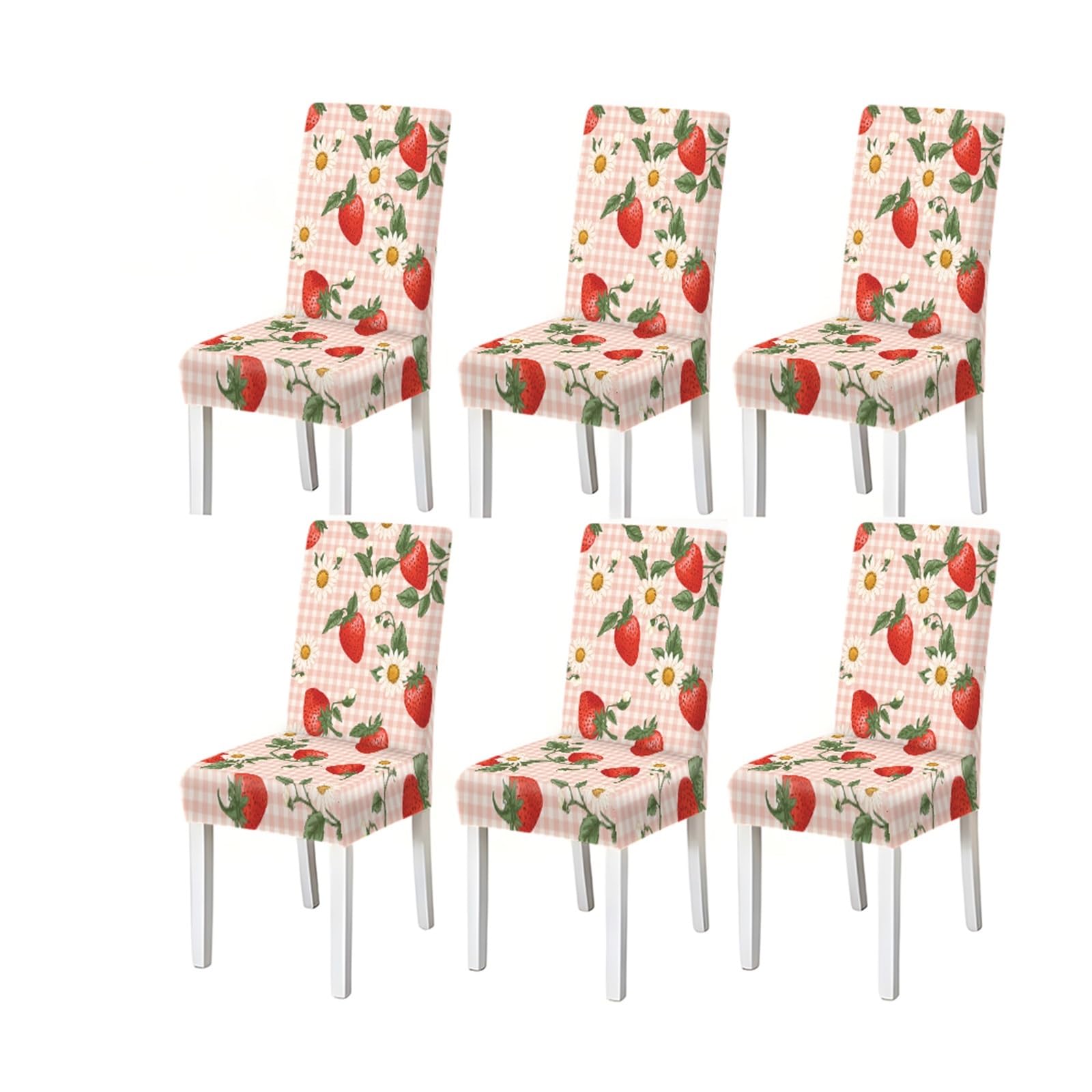 FZJKGH Pink Gingham Strawberry Daisy Pattern Print Dining Chair Covers Set Of 2/4/6, Summer Stretch Slipcovers For Kitchen Dining Room Removable Stretch Slipcovers for Dining Chairs(6PCSChair cover)