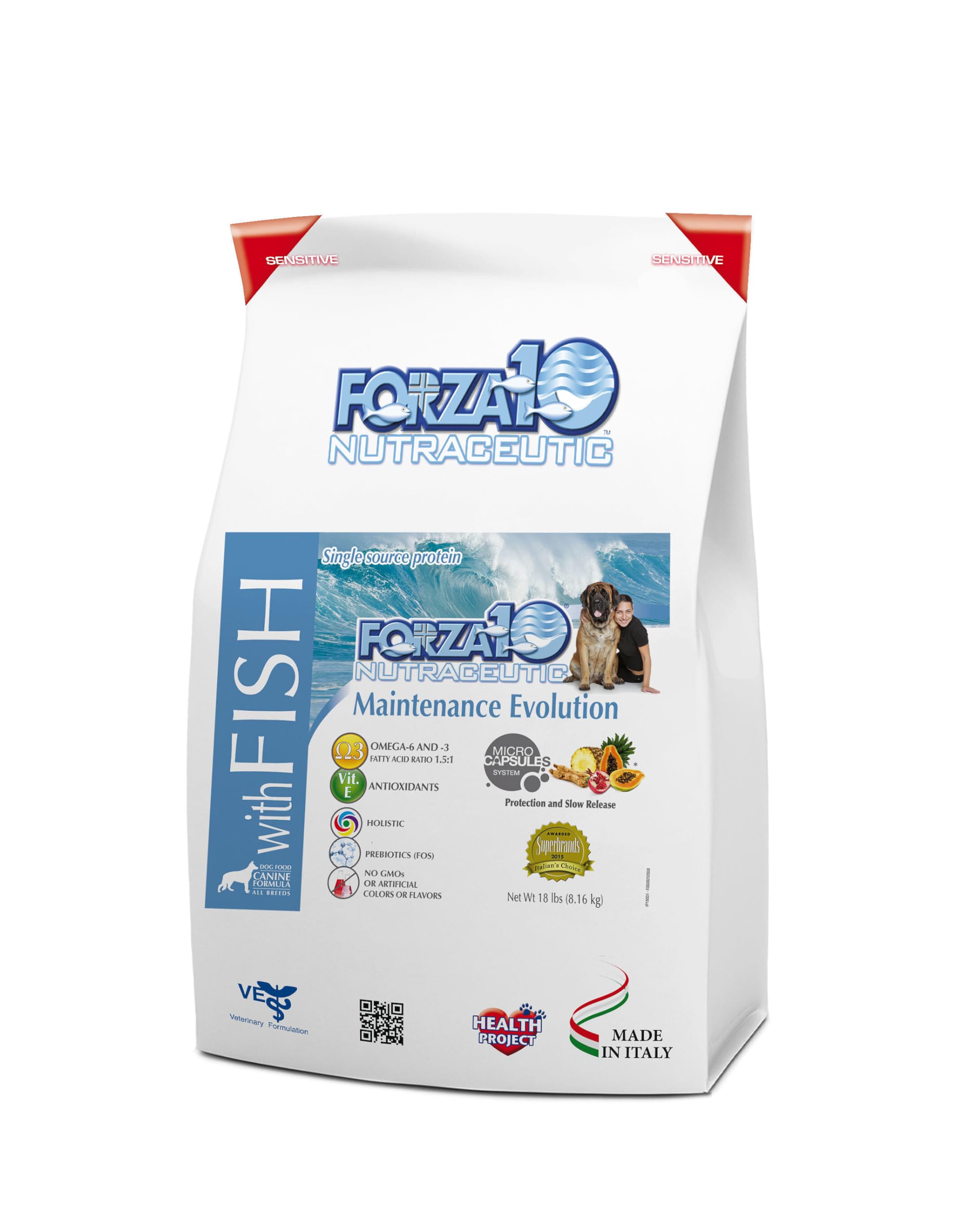 Forza10Dry Dog Food Maintenance Evolution, Single Source Protein for Easy Digestion, Adult Dog Food for All Breeds, 18 Pound Bag (Fish)