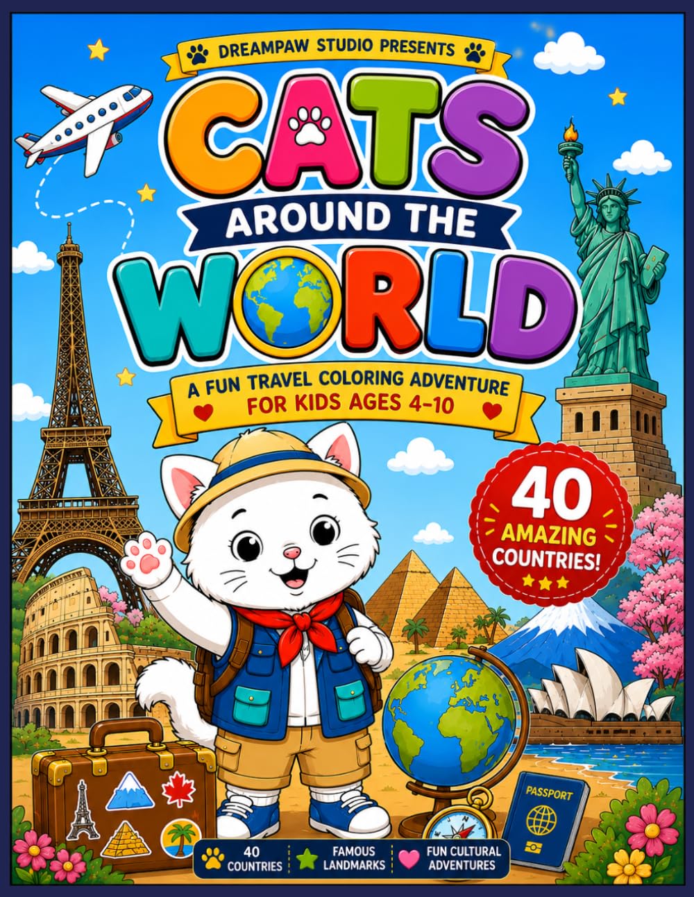 Cats Around The World: A Fun Travel Coloring Adventure for Kids Ages 4-10 Featuring 40 Countries, Famous Landmarks, and Cultural Discoveries