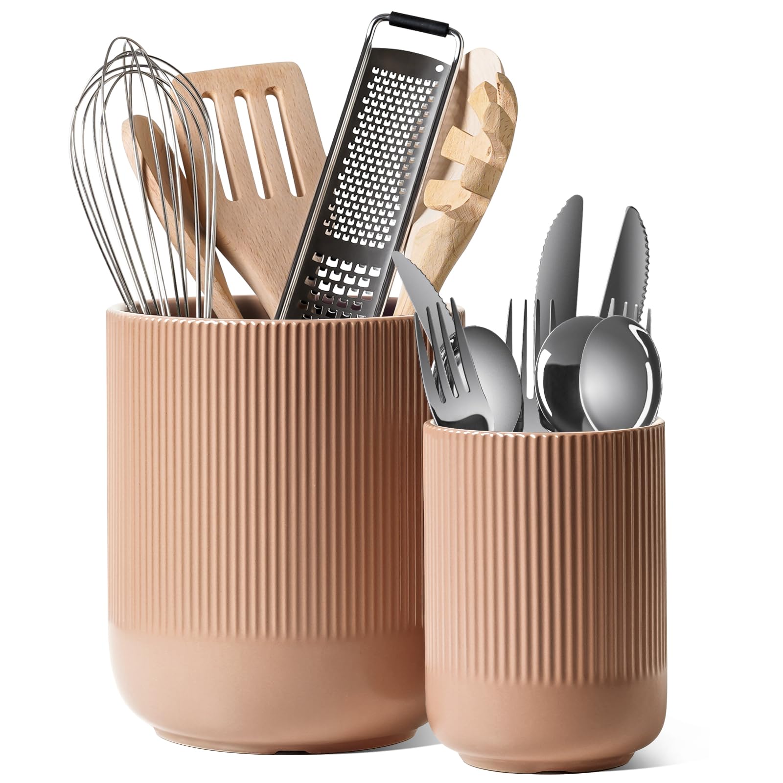 LE TAUCI Utensil Holder, 18.5+14cm Ceramic Kitchen Utensils Holder, Large Cooking Utensil Pots for Kitchen Counter, Morden Utensil Organizer for Spatula, Set of 2, Dusty Pink