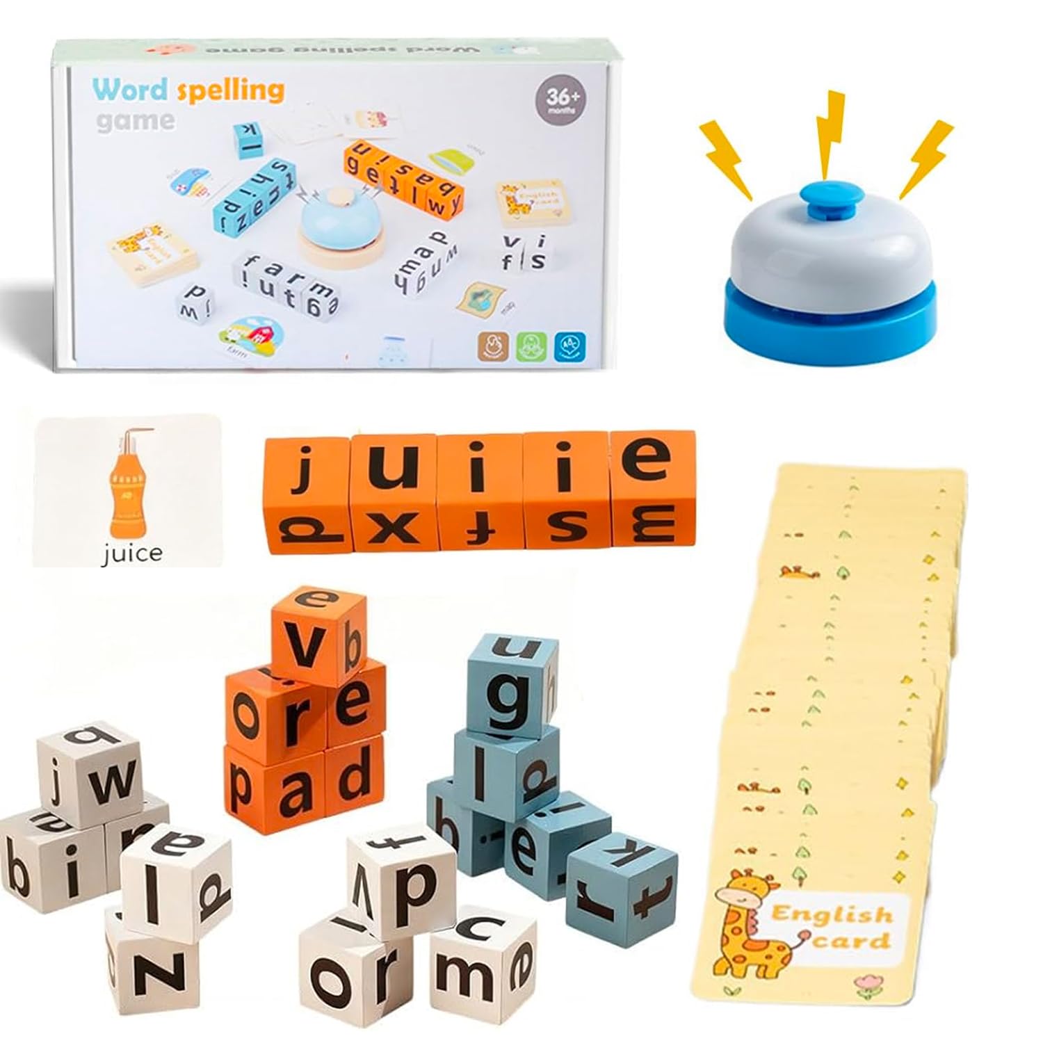 XUDUOO Word Spelling Game, Alphabet Puzzle Set, Turn A Word Game With 20 Wooden Alphabet Blocks & 64 Flash Cards, Educational Travel Toys for Kids 3-6, Ideal for Travel, Home, Preschool, Classroom