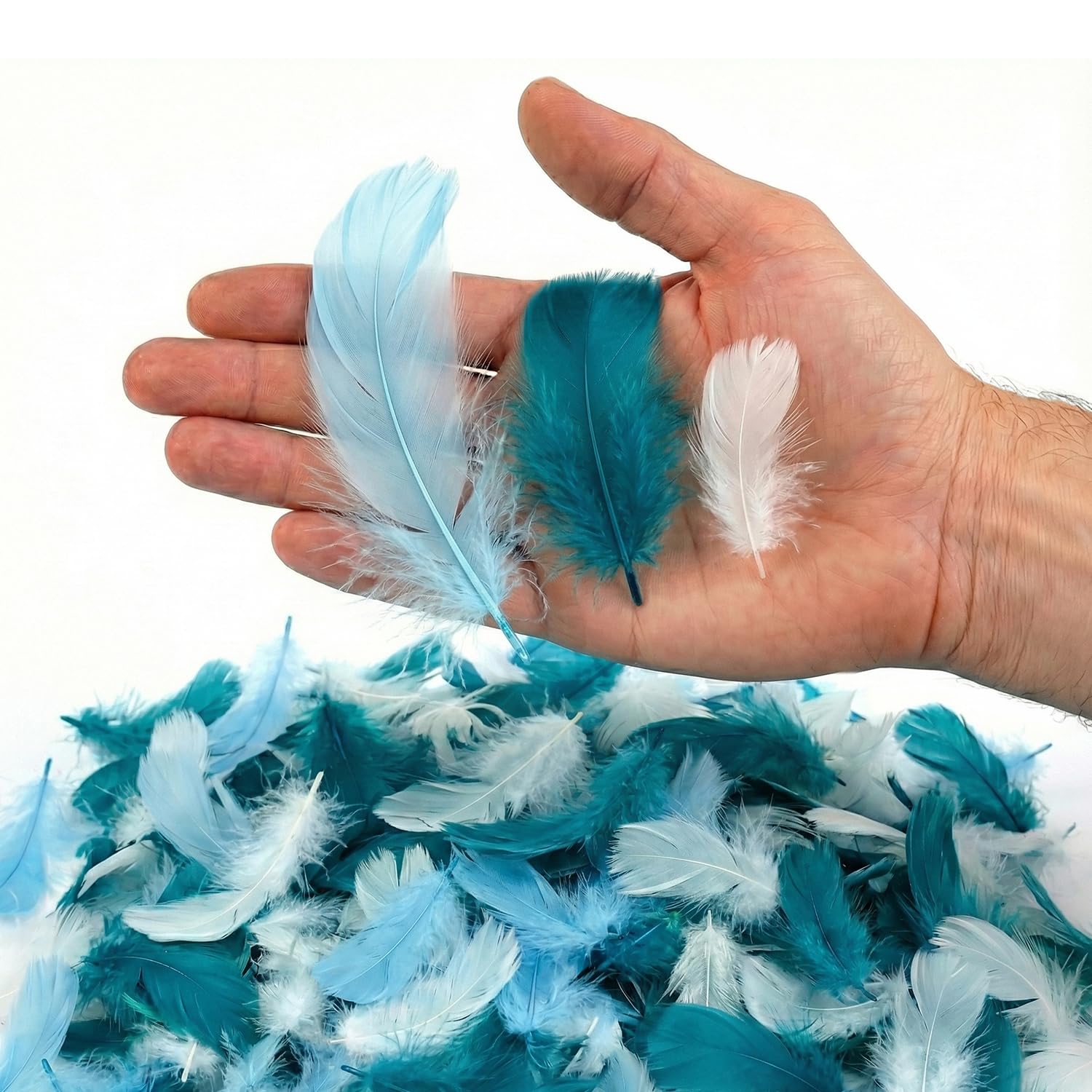 Netuno 450 Stück Flaum Federn Blau Türkis Weiß Natur Schmuckfedern zum DIY Basteln Dekoration für Ostern Weihnachten Figuren Dekofigur Karneval