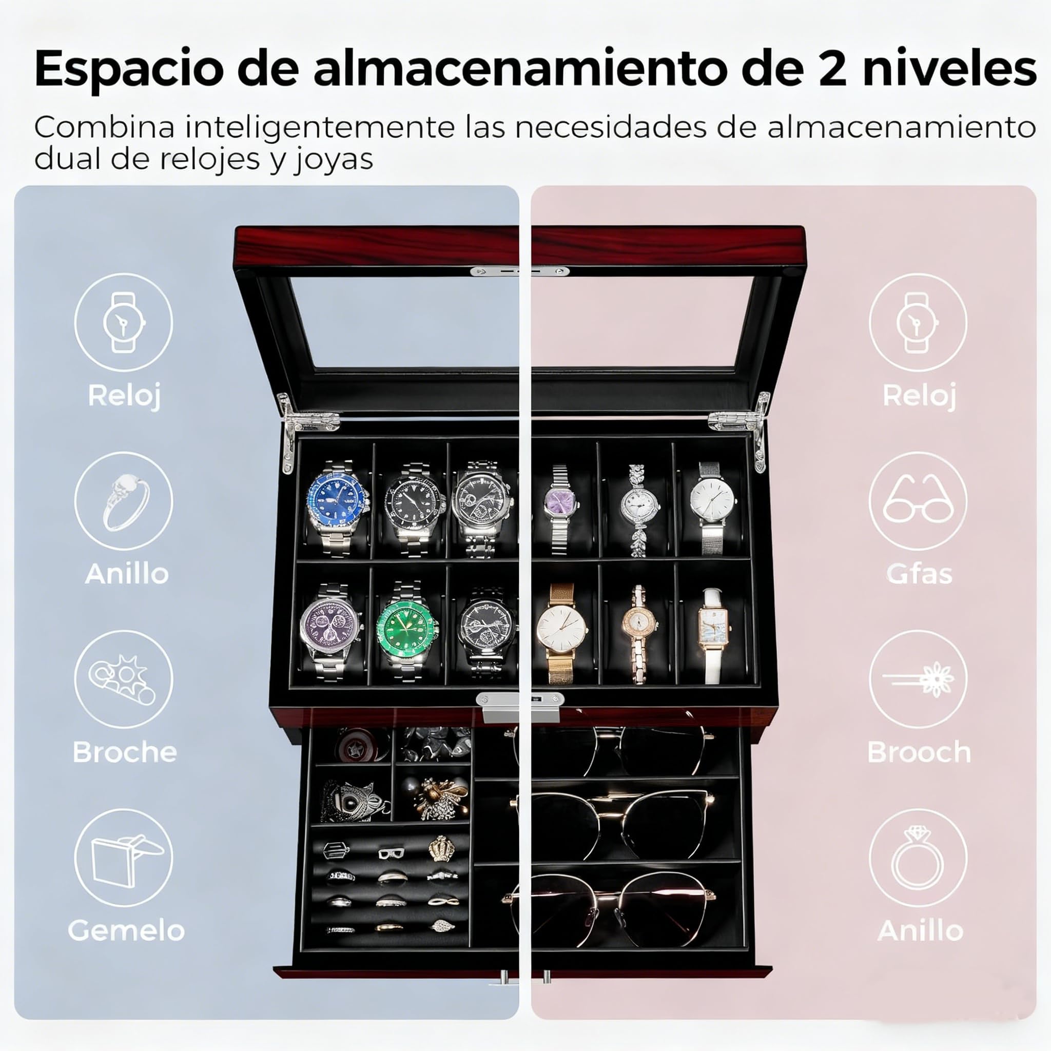 ANWBROAD Caja de reloj de 12 ranuras para hombre con tapa de cristal grande, 2 niveles, organizador de relojes con cerradura, organizador de relojes de lujo para regalo JWB003Y
