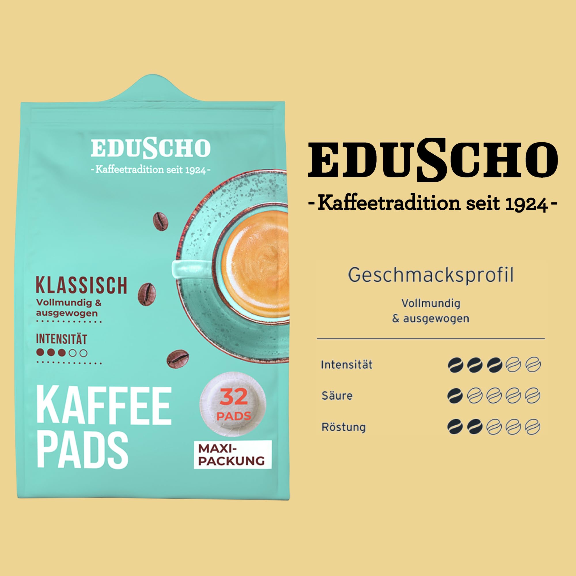 Eduscho Kaffeepads Vorratspack Maxi Packung, Klassisch, 384 Pads – 12 x 32 Pads, vollmundig & ausgewogen, für alle Pad Maschinen, industriell kompostierbar