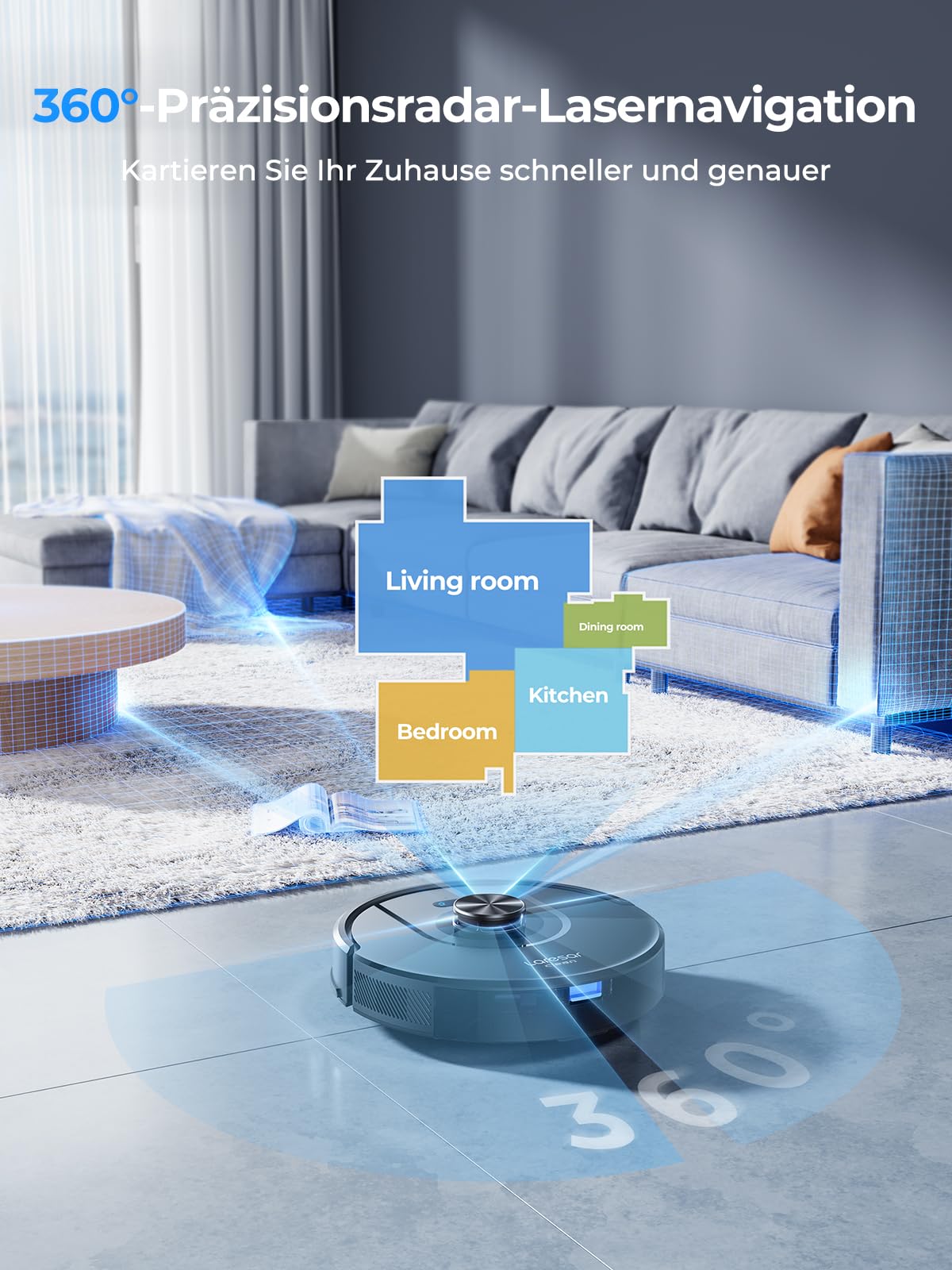 Laresar Clean 8000Pa Saugroboter mit Wischfunktion, 3 in 1 Staubsauger Roboter mit Laser Navigation, Roboterstaubsauger mit APP Steuerung 180 Min Laufzeit, Ideal für Tierhaare, Teppiche und Hartböden