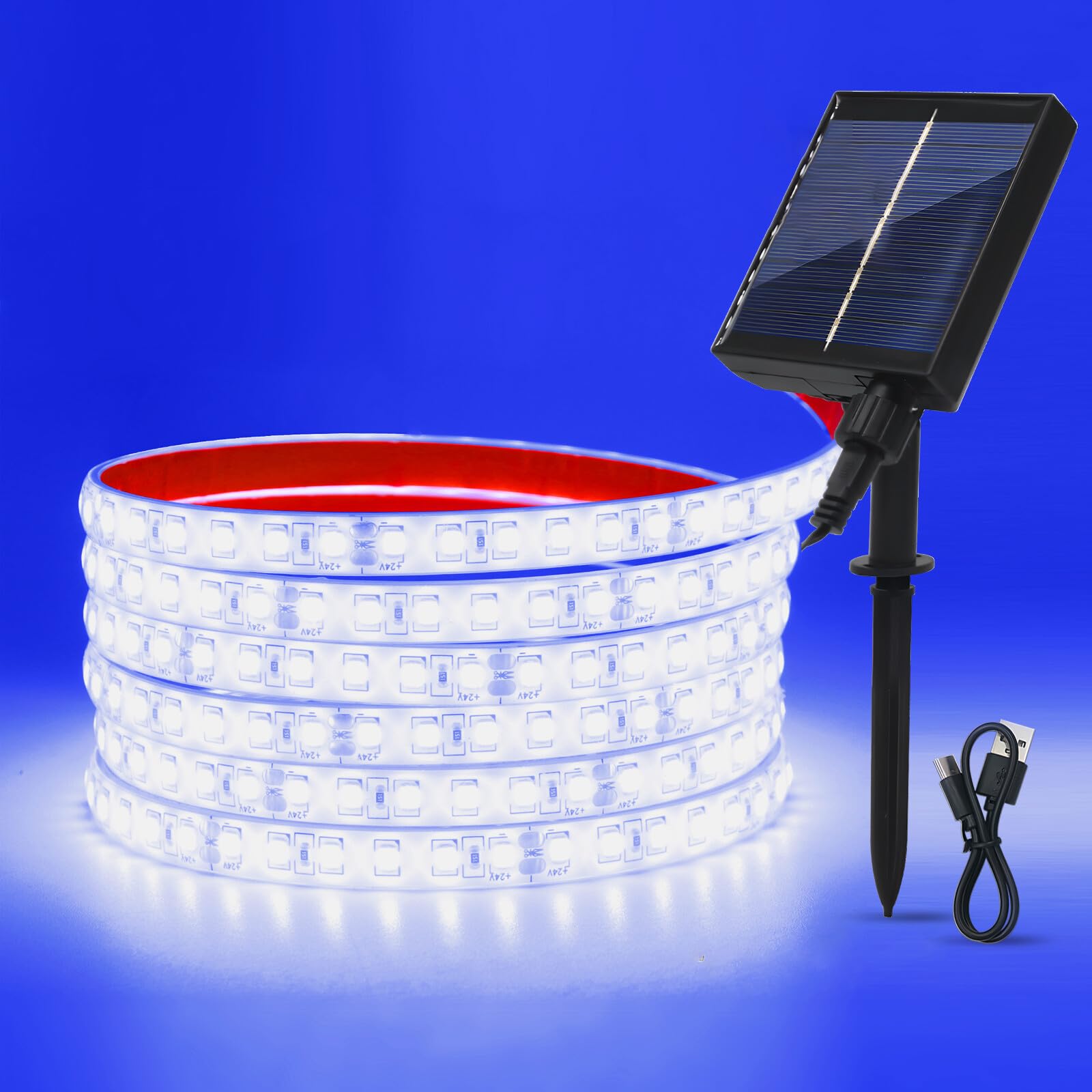 GQL 24V Solar/USB LED Strip Lights - IP68 Waterproof 2835 SMD 120LEDs/m, 8-Mode Controller for Indoor Outdoor Decoration (Blue,0.5m) — image 1