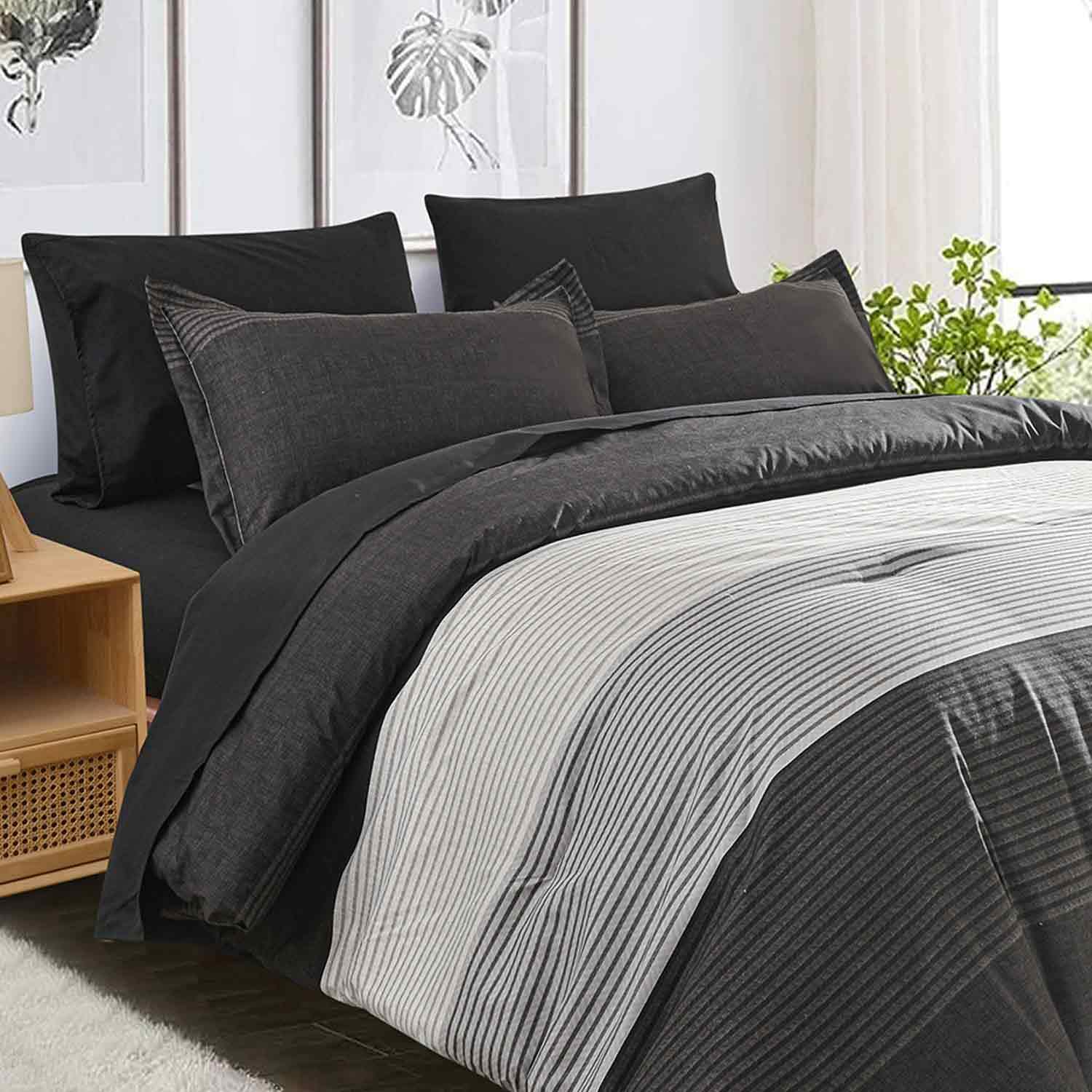 Faincy 7 Pcs Queen Size Comforter Set with Sheets, Black and Grey Patchwork Striped Pattern Printed Alternative Bed Sets - 90 x 90 Soft Microfiber