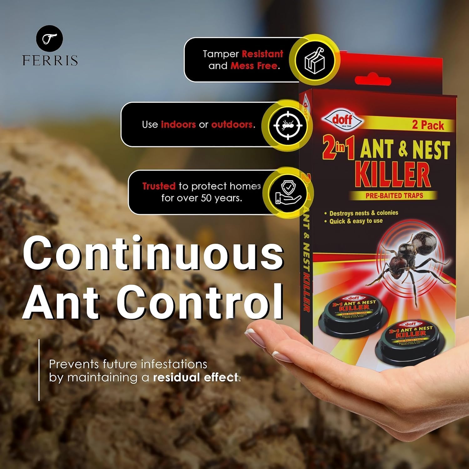 FERRIS | 2pk Ant Killer Bait Station Destroys Ants and their Nests | Ant Traps used Indoors, Kills Ant Colonies Use at Home & Garden | Strongest Control System - Clean and Easy to Use, Creates No Mess - 5