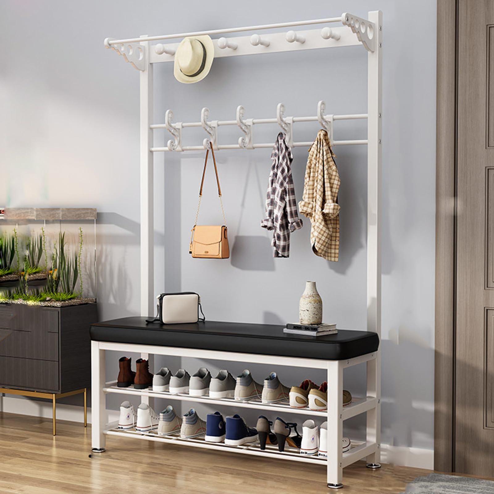 MYUYEE Coat Rack, Hall Tree With Shoe Bench For Entryway, With Shoe Storage Bench 3-In-1 Shoe Rack Different Heights, Entryway Bench With Coat Rack,Wood Look Accent Furniture Wi(E-80Cm)