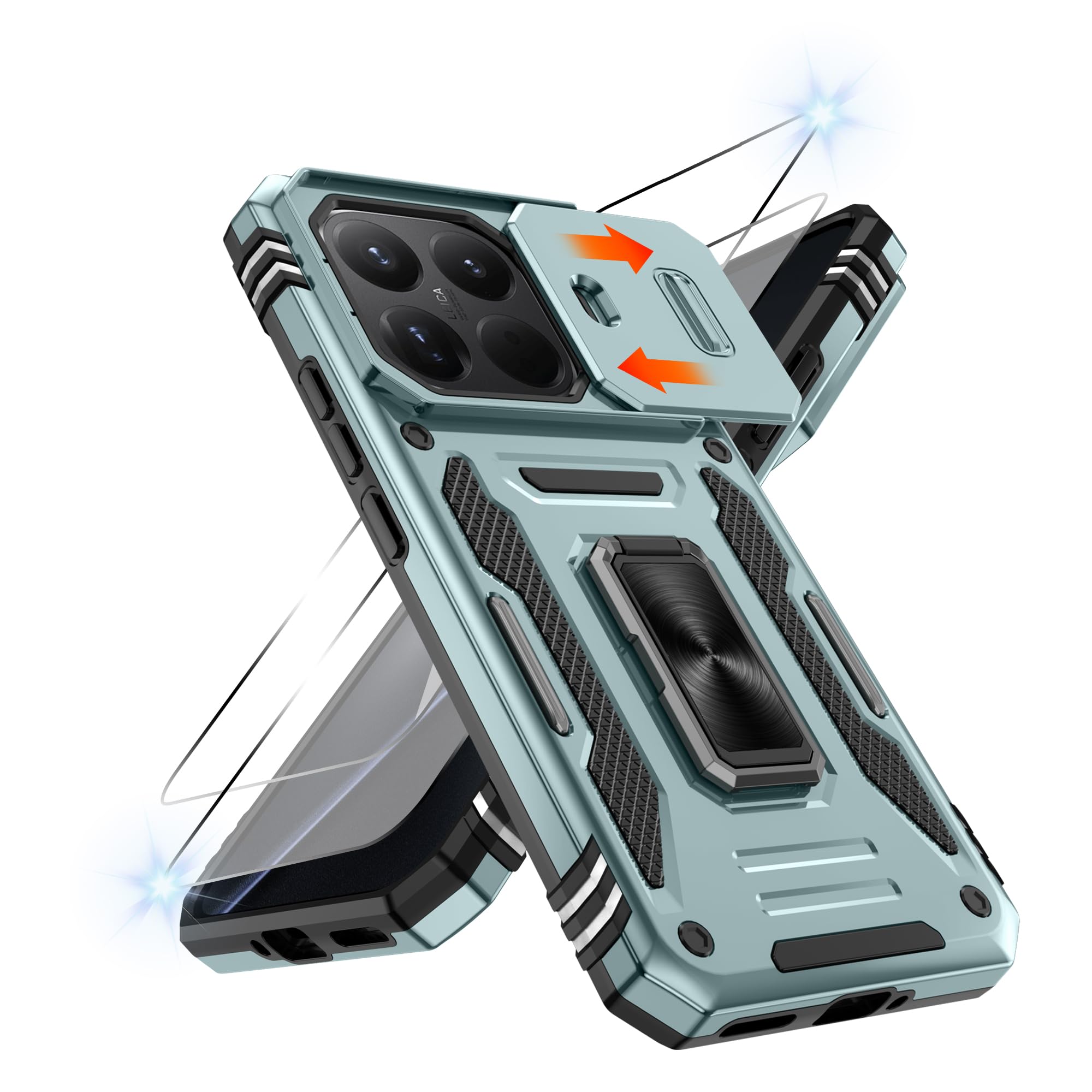 Pilaru Handyhülle für Samsung Galaxy Hülle, mit 2 Stück Schutzfolie Schiebe-Kameraschutz Militär Case,360° Drehhalter Ring Stoßfestes Cover Handy Hüllen