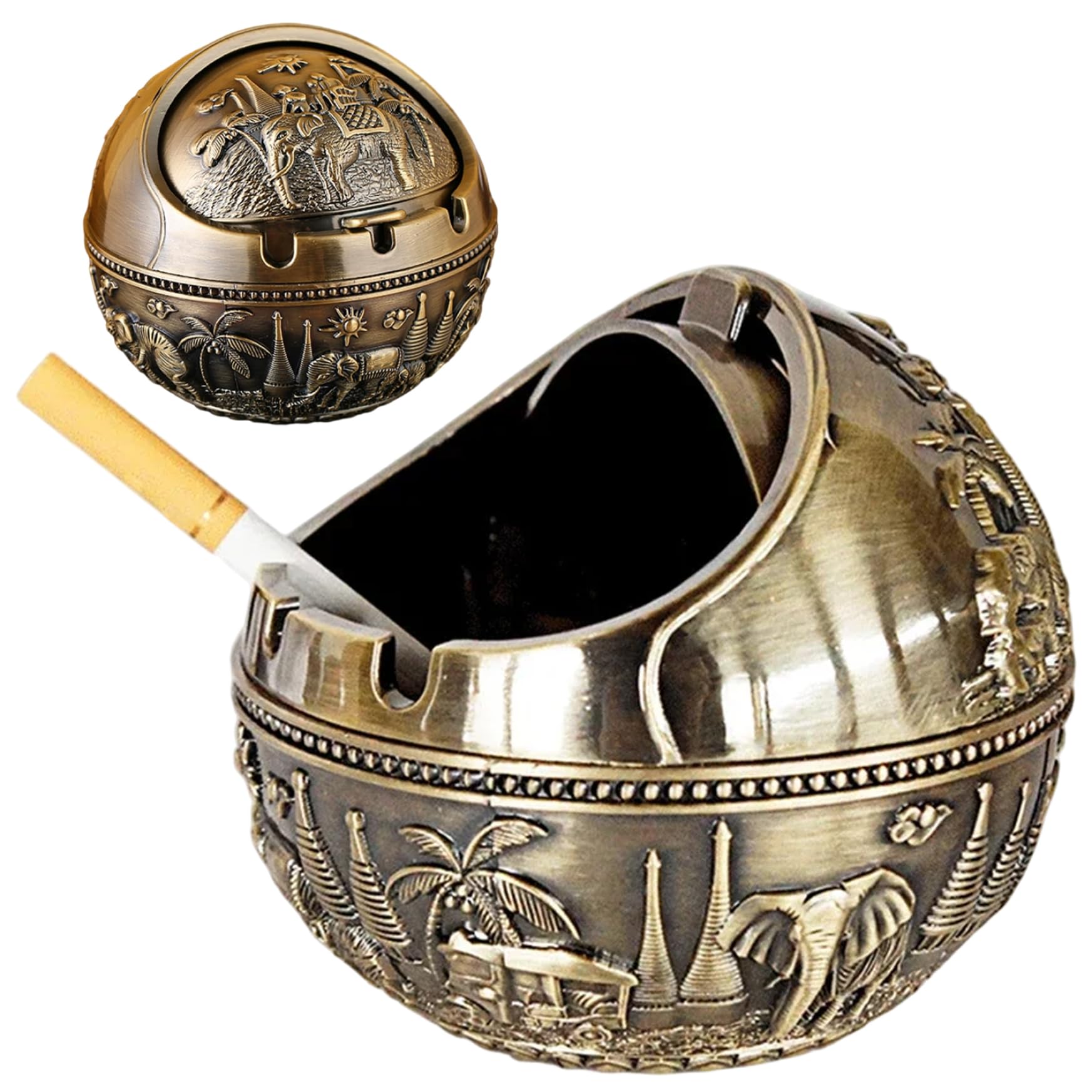 Syglawnd Men's Bronze Color Vintage Ashtray, Decorative Ashtray With Lid, Metal Windproof Ashtrays For Indoor Outdoor, Portable Carved Ash Tray, Fancy Ornat For Wo Home Office (Bronze Elephant)