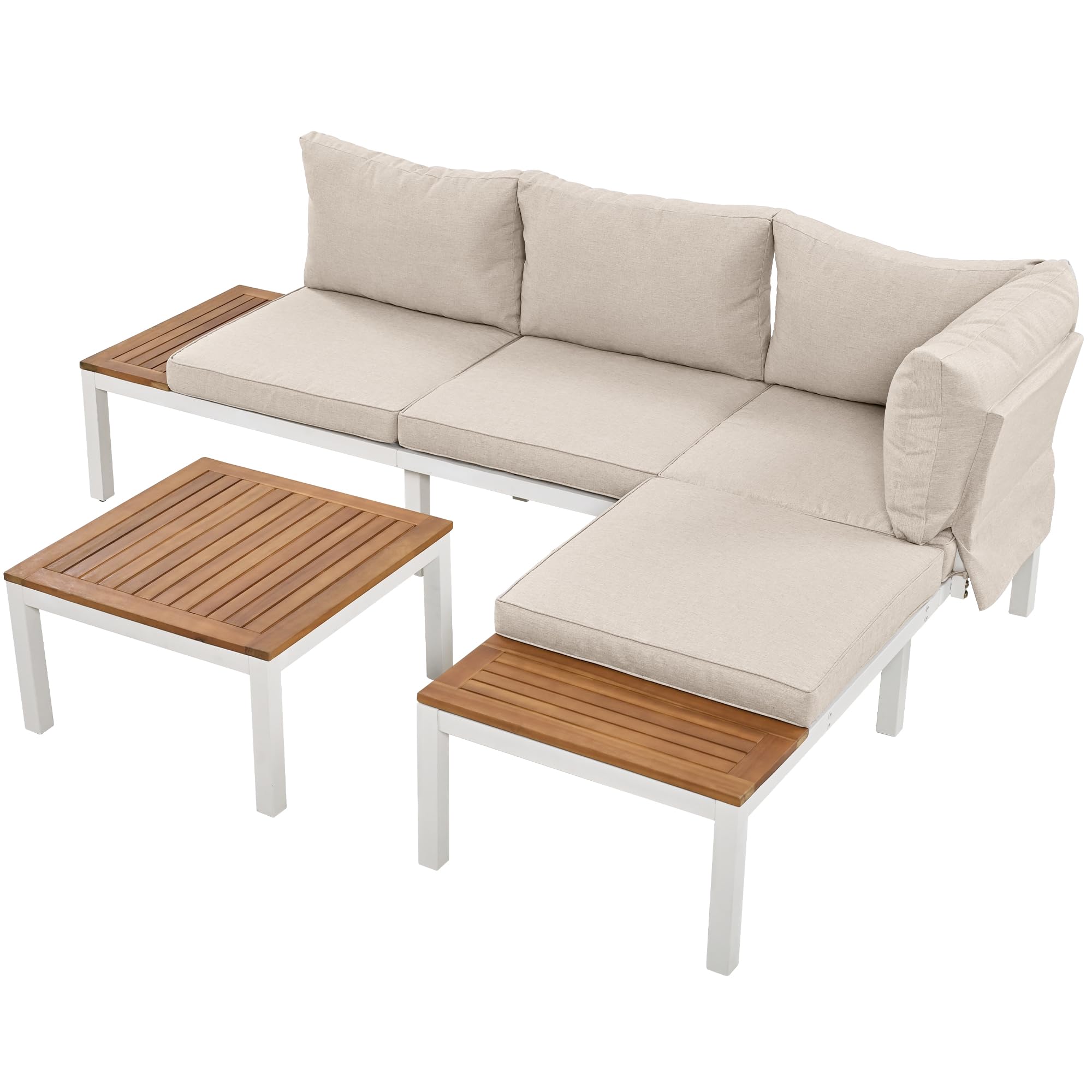 Set da giardino resistente alle intemperie con telaio in acciaio zincato (2 divani a 2 posti, 2 tavolini e 1 tavolino), piano in legno di acacia, il rivestimento in tessuto può coprire