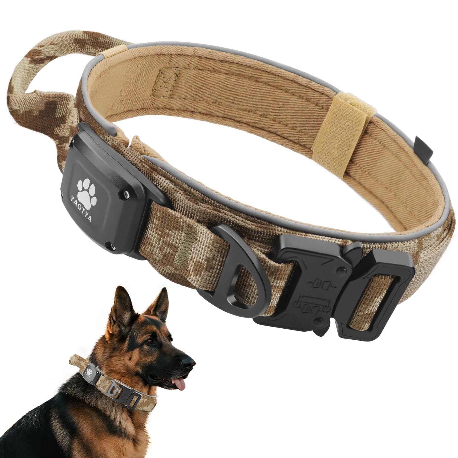 IP68 Collier étanche pour chien AirTag, poignée de contrôle tactique militaire confortable, boucle en métal et réfléchissant, collier GPS pour chien Apple Air Tag pour chiens de taille moyenne à