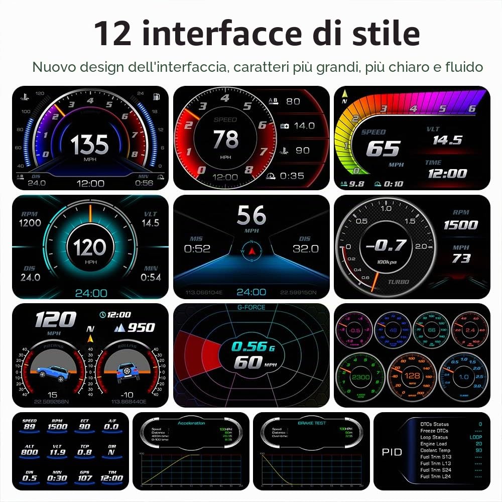 Display Head-Up universale (HUD) per auto, OBD2 e GPS, doppia modalità con inclinometro, avviso di velocità e allarme affaticamento, multilingue, commutabile km/h/mph