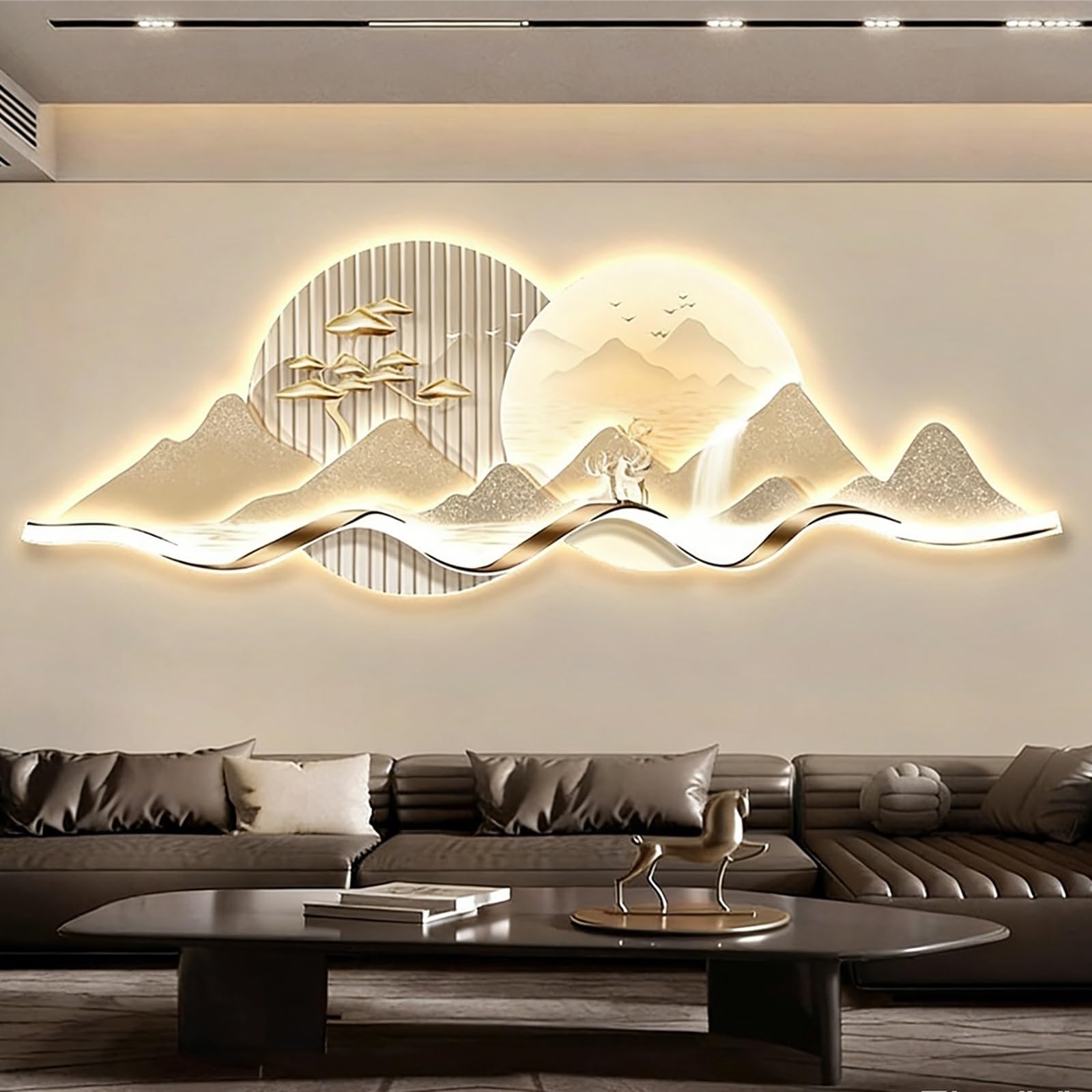 Art Mural LED Montagne Cerf 3D tableau lumineux design pour salon moderne 100cm