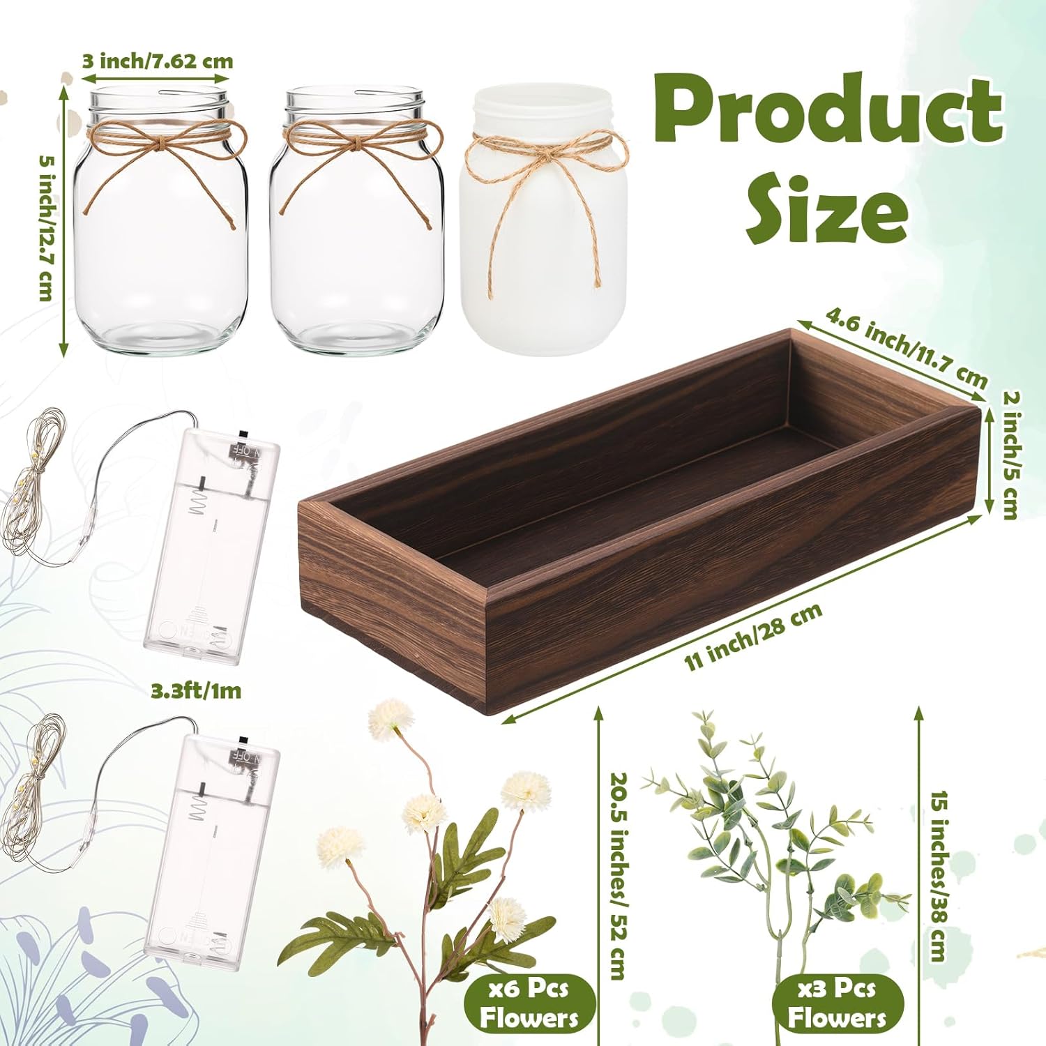 Suncalla 3 Pcs Spring Mason Jar Centerpiece Table Decorations Spring Neutral Faux Kiku Flowers Decor with Eucalyptus Wood Tray and LED Light for Dining Kitchen Bathroom Farmhouse Coffee Table Decor