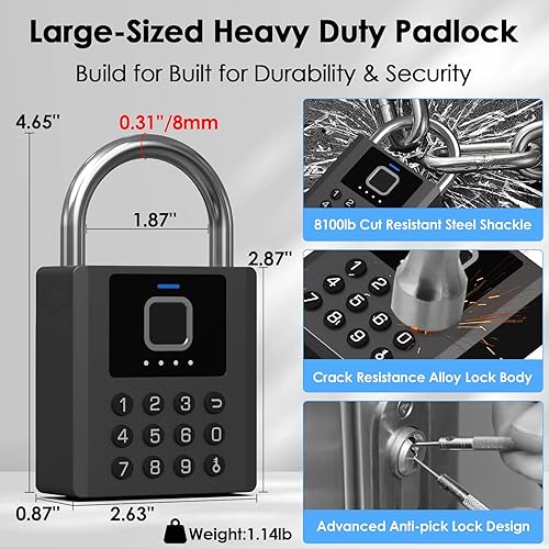 Miniatura 5 de Candado inteligente de huellas dactilares con código, cerradura de combinación resistente con llave, control de aplicación Bluetooth, bloqueo de