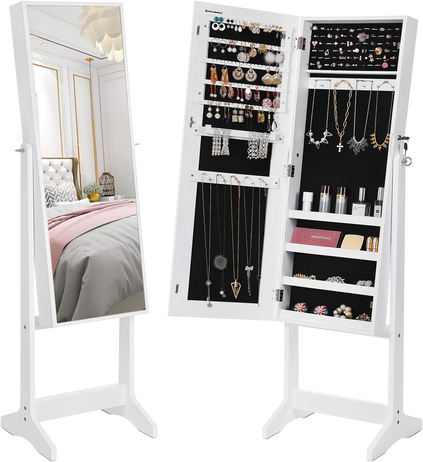 SONGMICS Jewellery Cabinet, Mirror Armoire, Standing Mirror, Full-Length Mirror, Lockable Jewellery Organiser, Gift Idea, White JJC69WT