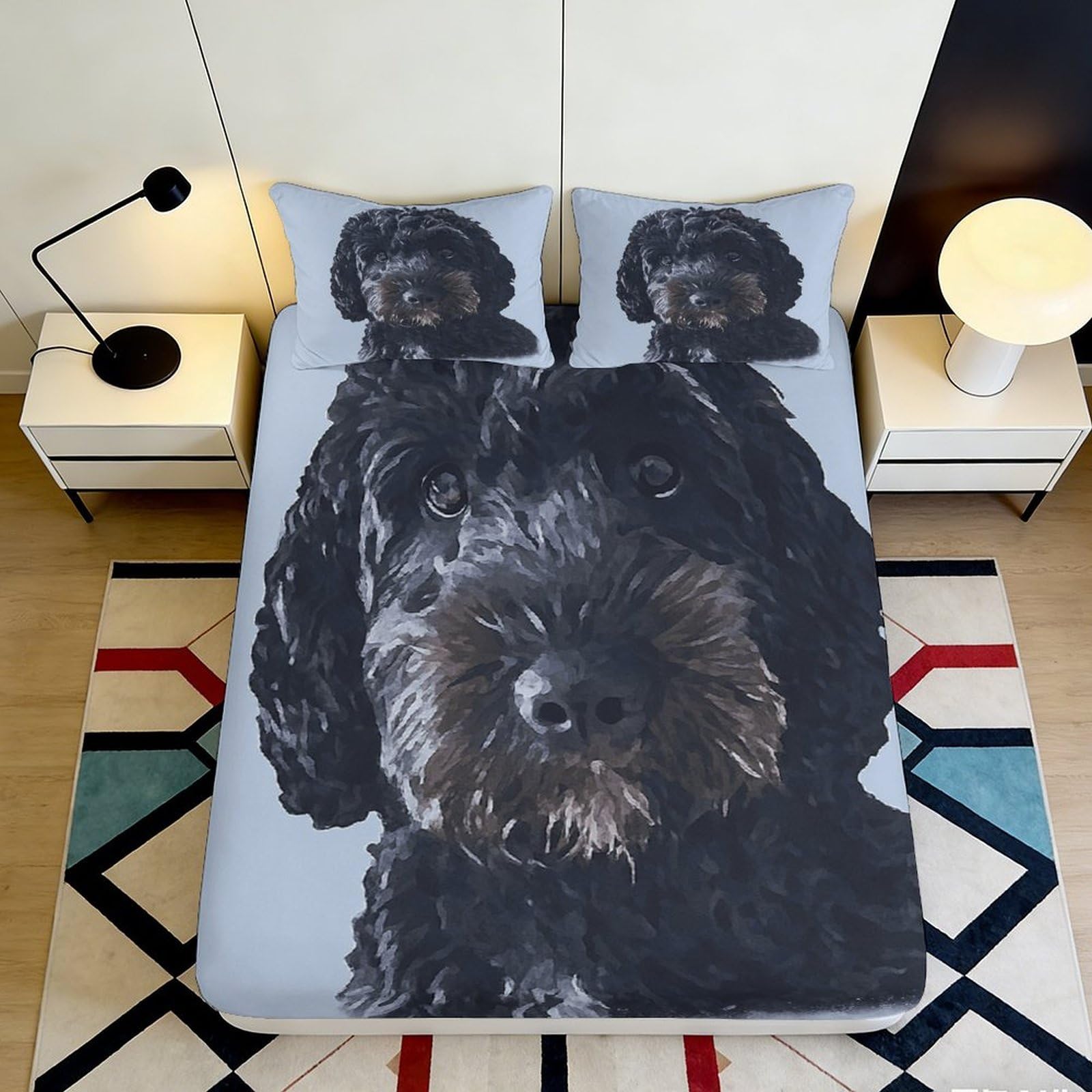 3D Printed Black Dog Portrait Fitted Sheet Microfiber Soft Breathable Puppy Mattress Cover for Bedroom Guest Room Decor 90x200x25cm