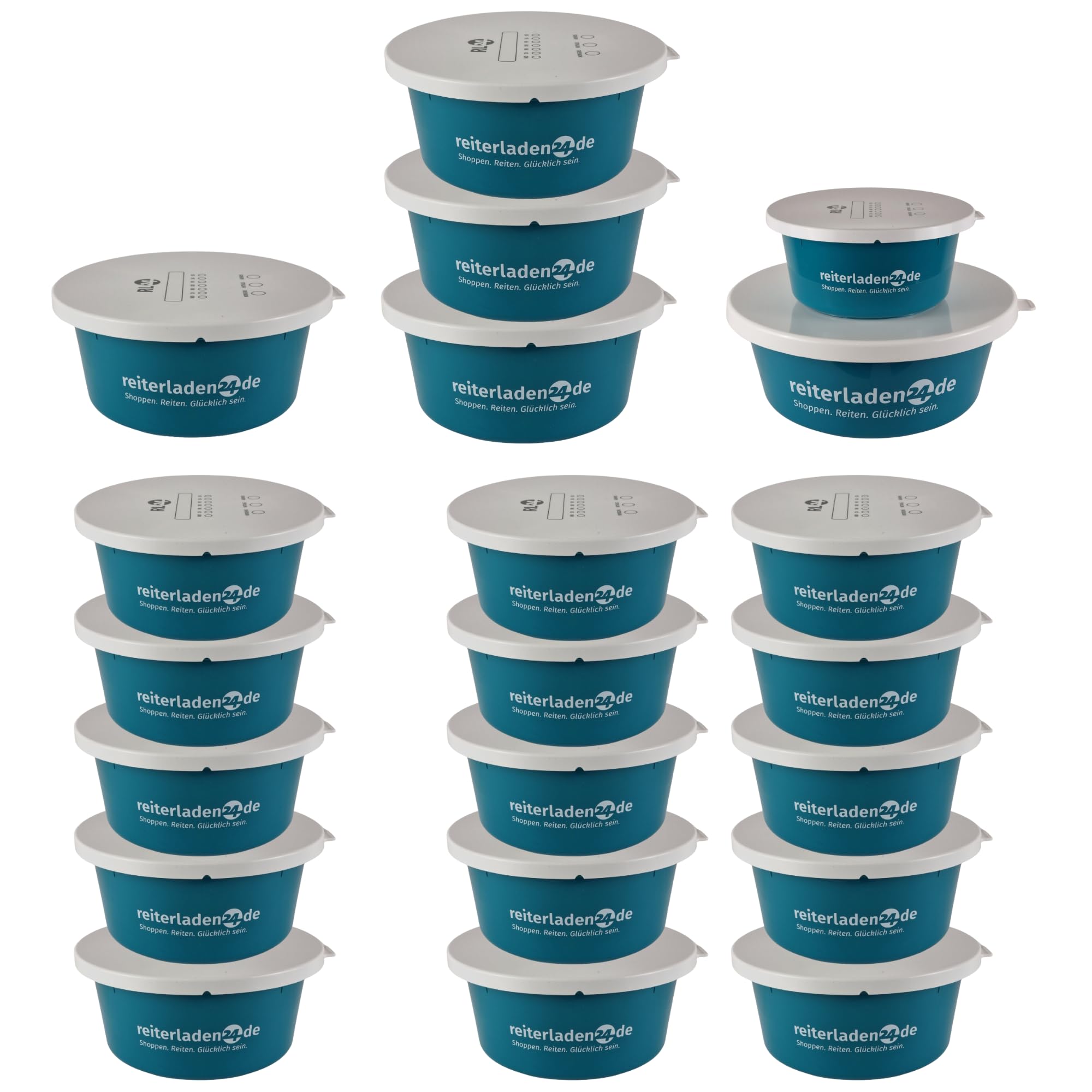 RL24 - Leckerlischale – Pferde Müslischale mit Deckel – Futterschale zur Aufbewahrung von Leckerli & Pferdefutter – Leckerli-Dose in Wasserblau – 3 Schalen á 6l (3er Set) – Pferdezubehör