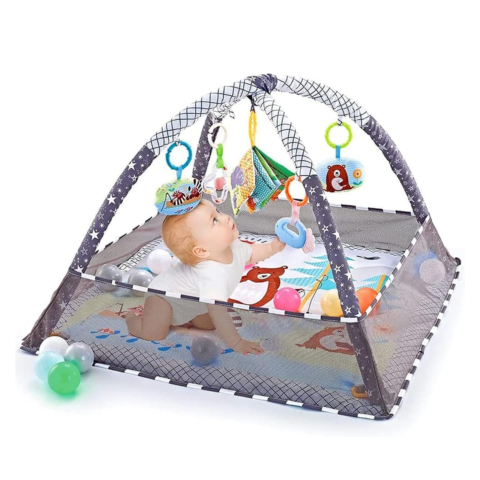 DMG TECH Baby Gym Play Mat, Baby Floor Mat Activity Gym Playmat with 5 Hanging Toys and 18 Ocean Balls for Sensory and Motor Skill Development, Non Slip Washable Play Mats for Infant for 0-24months