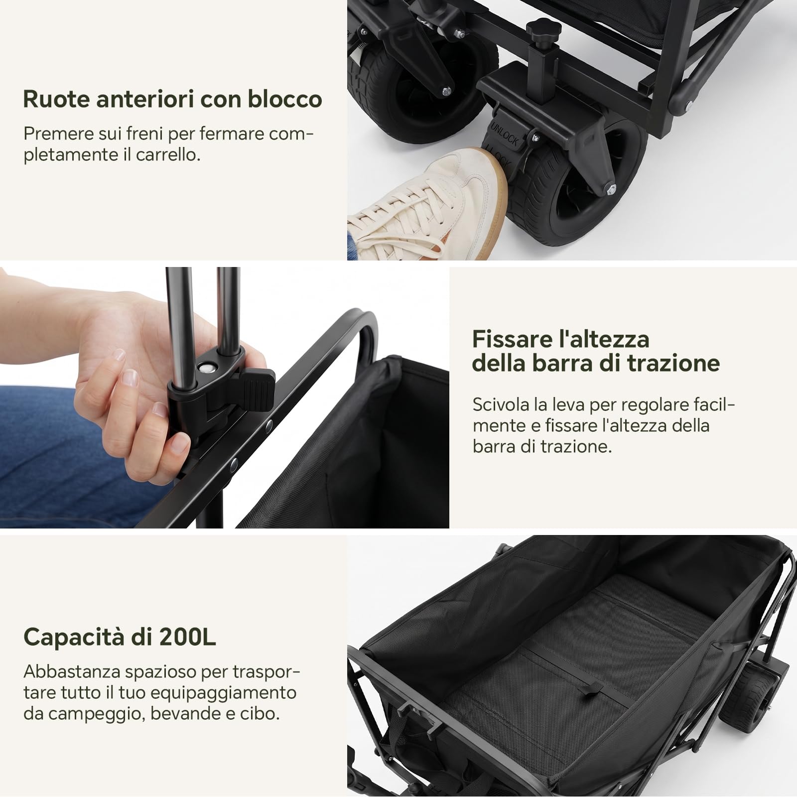 Carrello Spiaggia Pieghevole 200L 160kg, Carrellino con Ruote 84x48x100cm, Carriola da Giardino Dotata di Ruote Ffuoristrada Girevoli a 360°, Ideale per Campeggio, Spesa, Cani, Giardino e Spiaggia