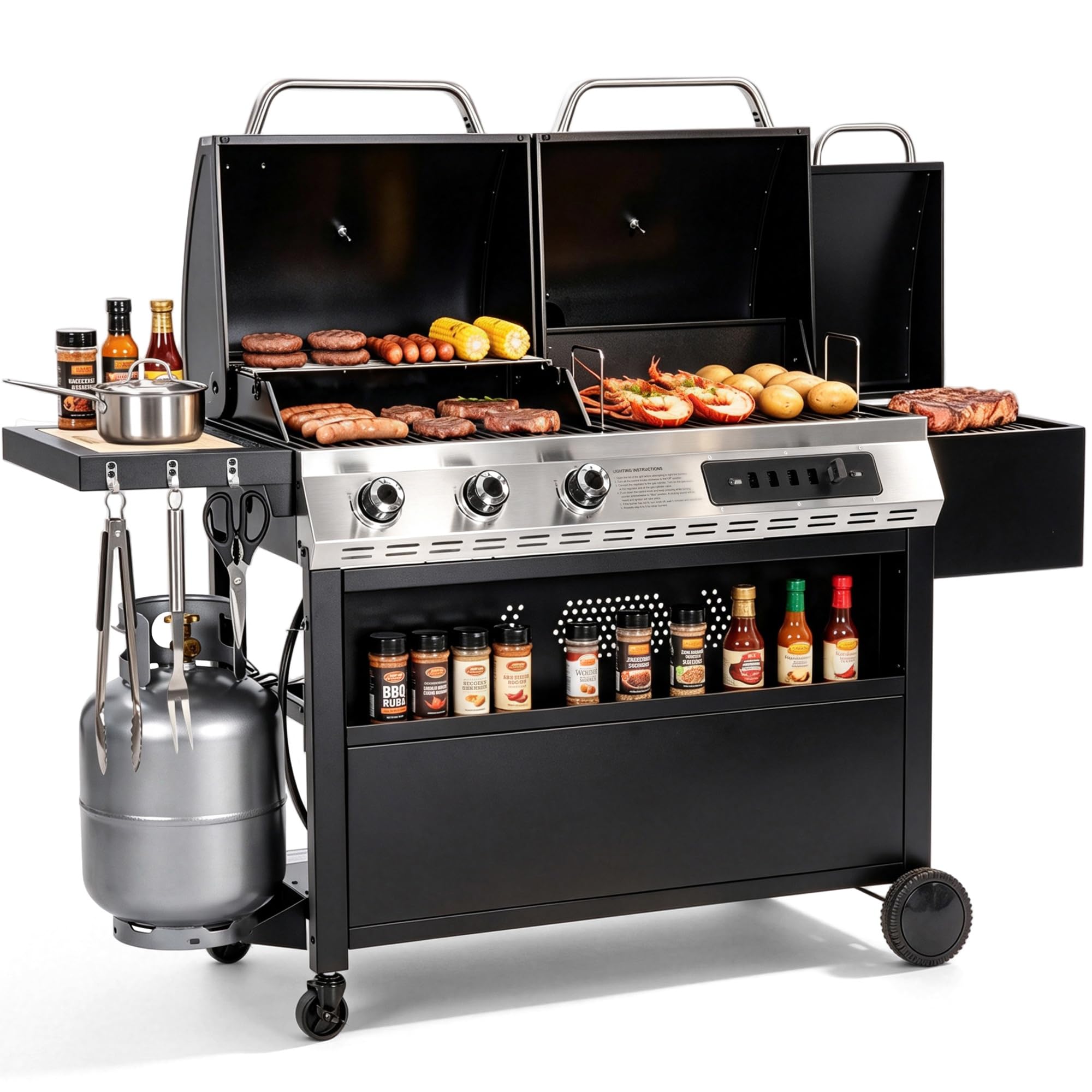 Captiva Designs 3 Burner Gas Charcoal Combo Grill with Offset Smoker, Black
