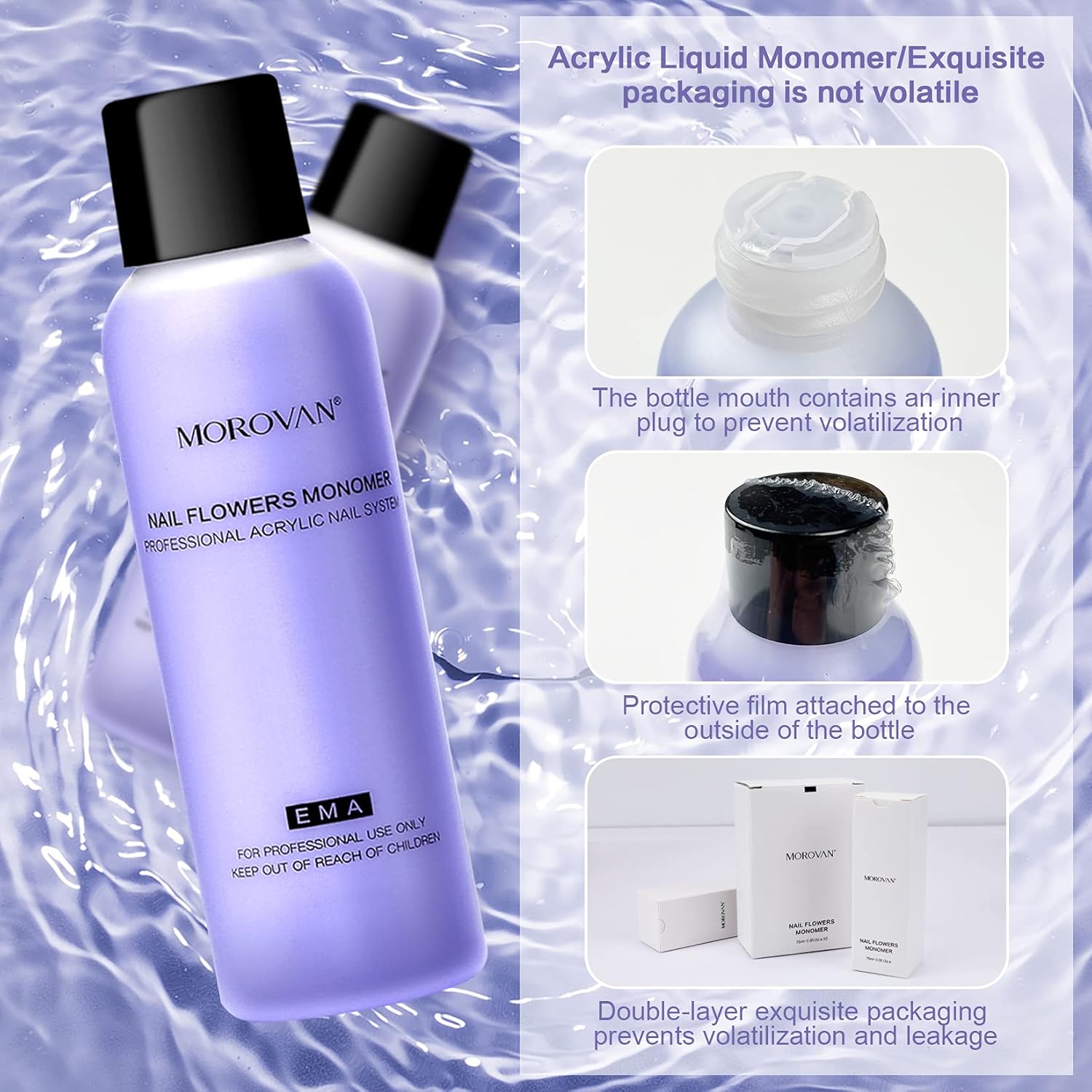 Morovan Monomer Acrylic Nail Liquid - Non-Yellow Nail Monomer Liquid 2PCS 2.5OZ for Acrylic Powder MMA Free Medium Drying Time : Beauty & Personal Care