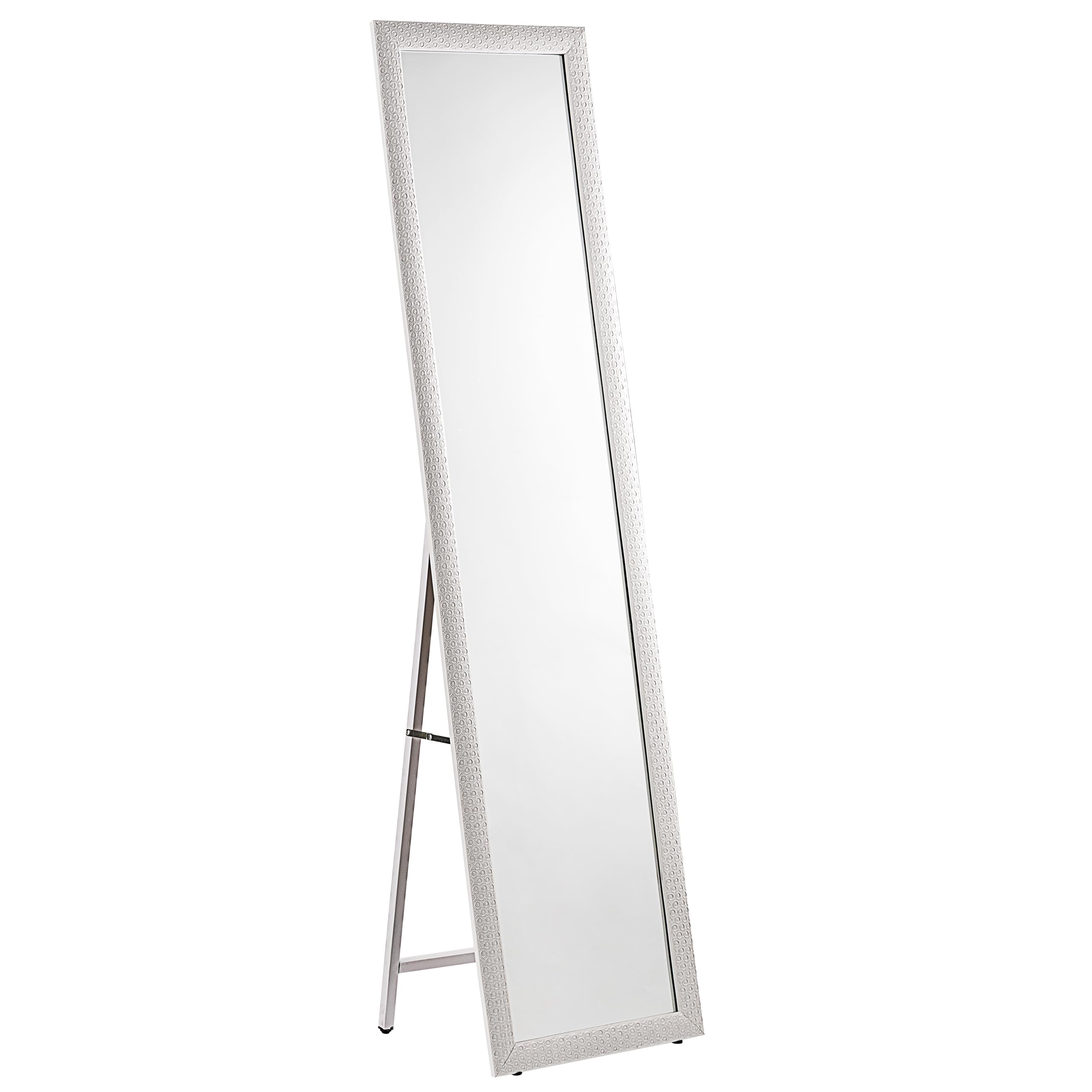 Baroni Home Specchio da Terra con Struttura in Acciaio, Specchio a Figura Intera con Supporto Pieghevole con Cornice Decorata in Legno, Geometrico Bianco, 40x150 cm