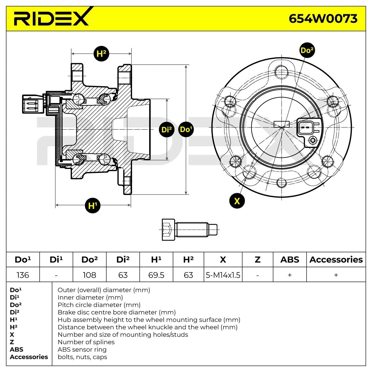 RIDEX 654W0073 Kit cuscinetto ruota Cuscinetto ruota integrato nel mozzo con bulloni/viti Compatibilità con VOLVO XC60 156