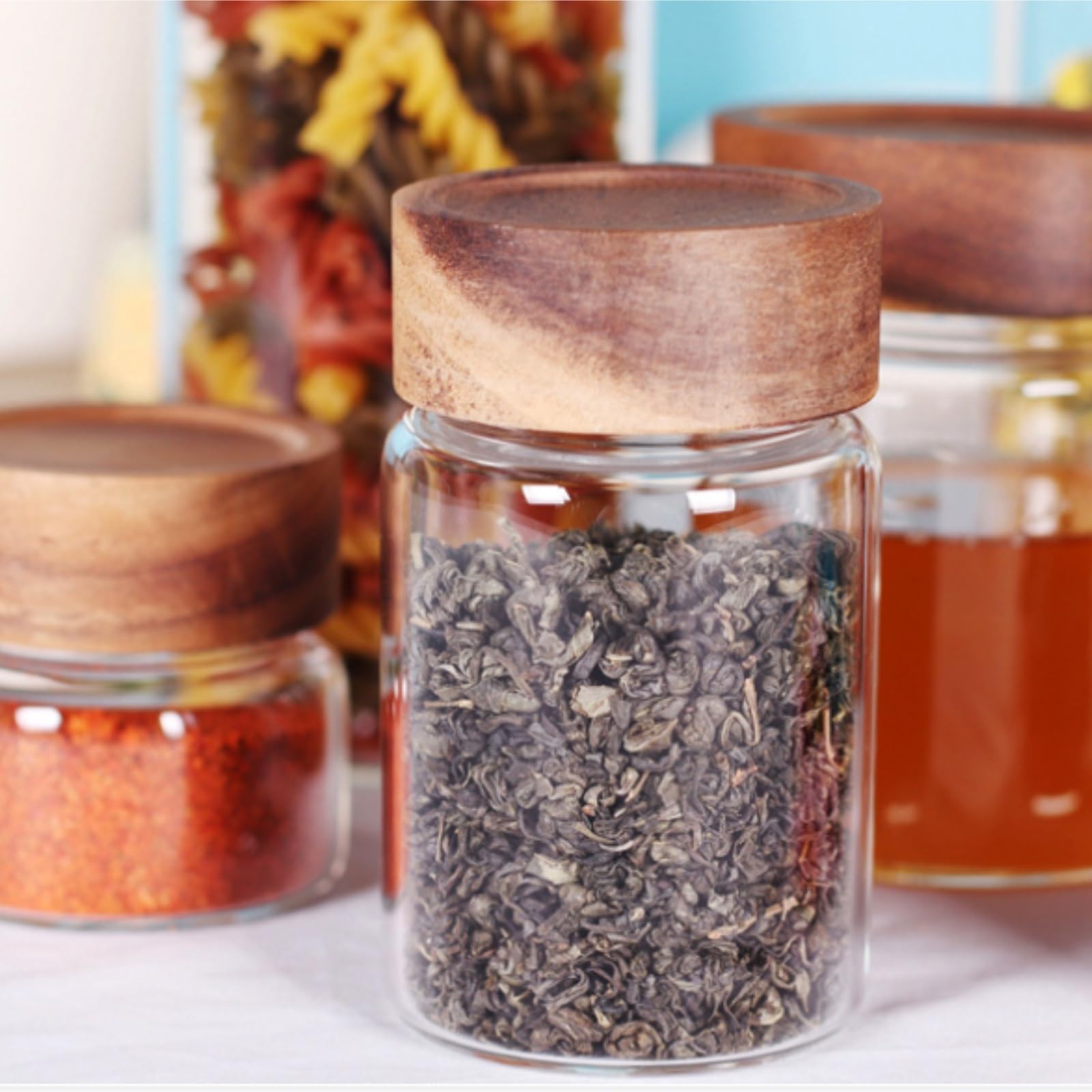 Vorratsgläser - Küche Luftdicht 3Pcs Glas Mit Luftdichtem Holzdeckel Lebensmittel Lagerung Kanister For Kaffee Süßigkeiten Vorratsdosen