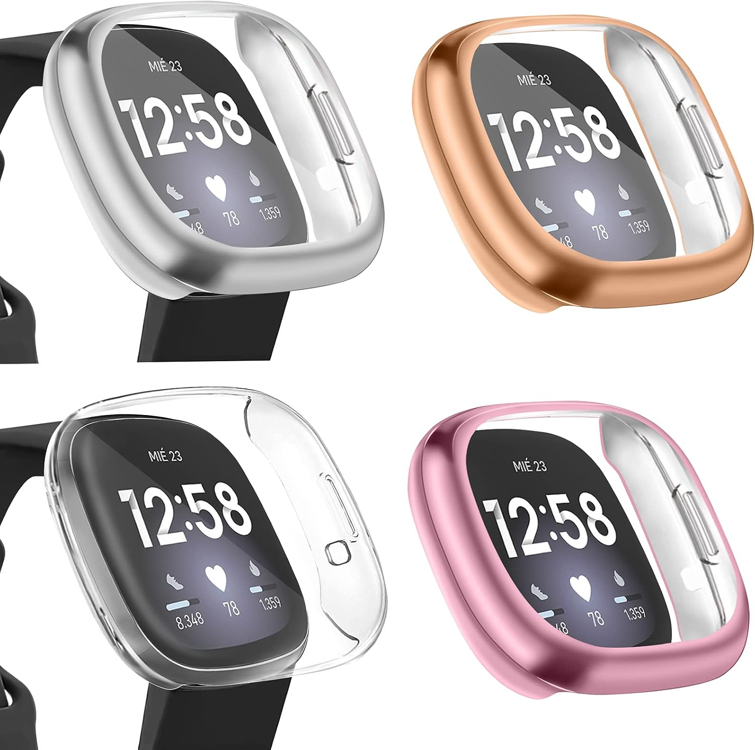 [4 Pack] Mugust Screen Protector Compatible with Fitbit Versa 3 Case and Fitbit Sense Case, TPU Plated Full Around Protective Case Cover for Fitbit Versa 3 Smartwatch (Silver, RoseGold, Clear, RosePink)