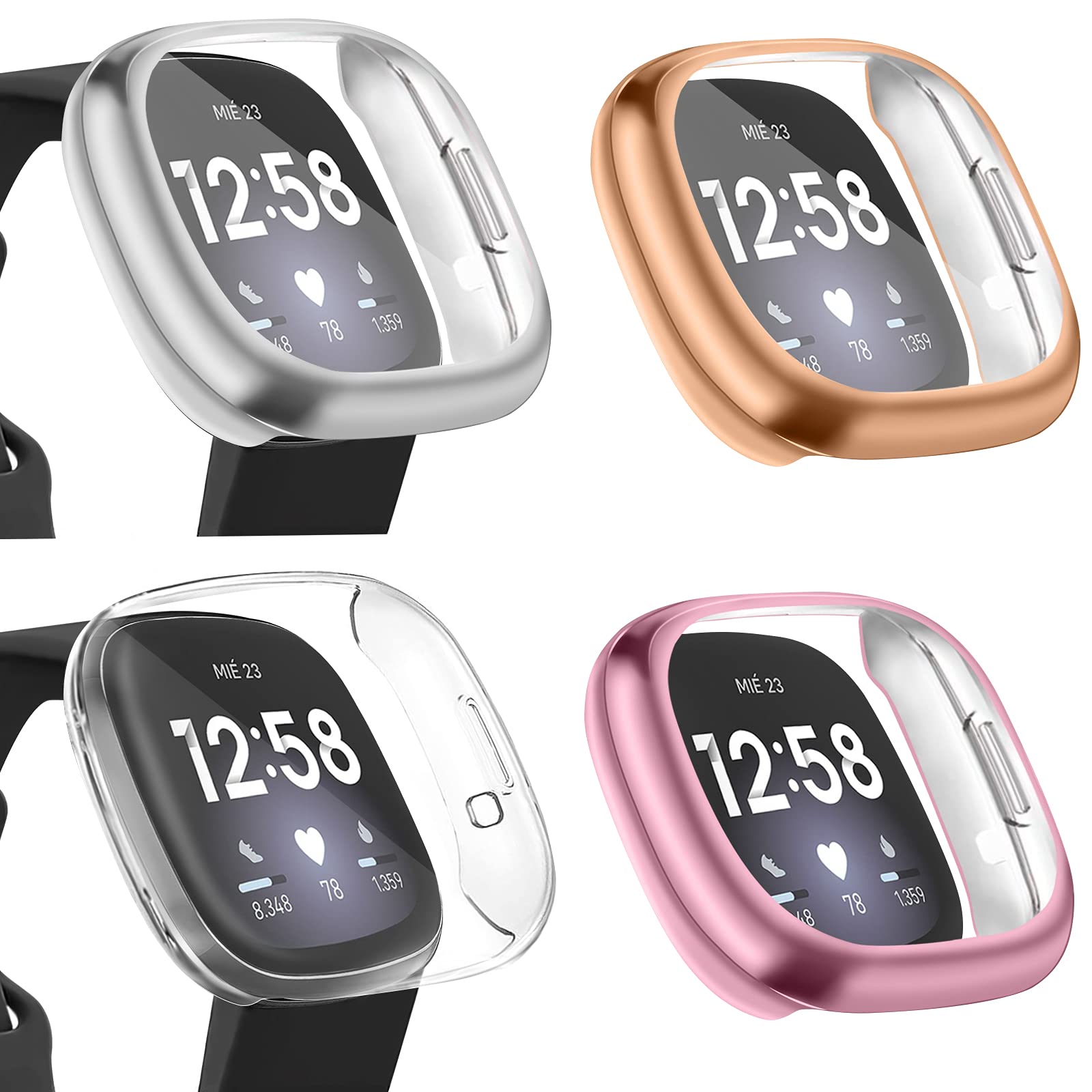 [4 Pack] Mugust Screen Protector Compatible with Fitbit Versa 3 Case and Fitbit Sense, TPU Plated Full Around Protective Case Cover for Fitbit Versa 3 Smartwatch (Silver, RoseGold, Clear, RosePink)