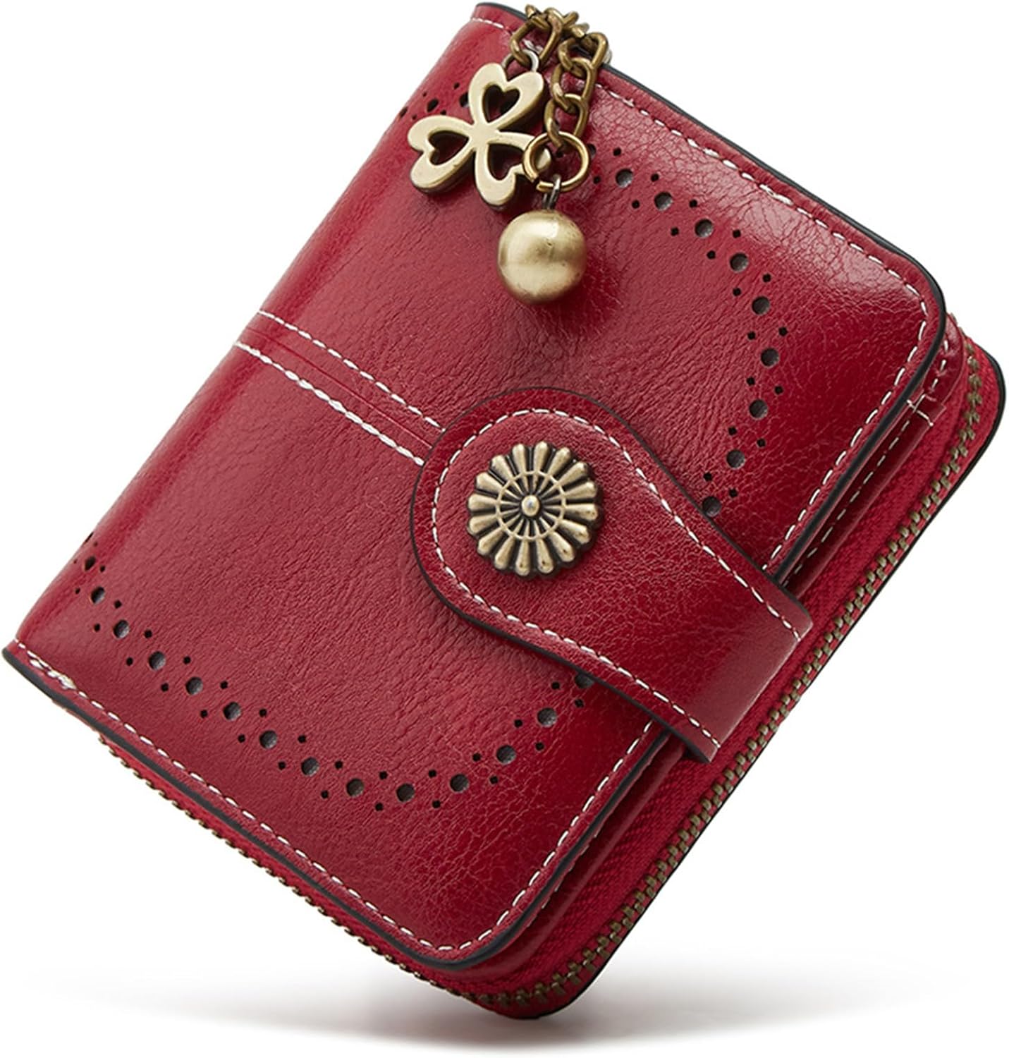 Small Genuine Leather Wallet for Women Bifold RFID Blocking with Zipper Coin Pocket (Wine Red)