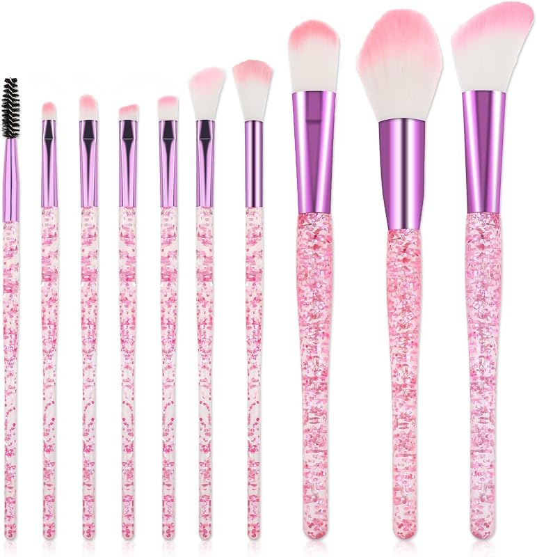10 PCS Glitter Crystal Makeup Brush Set Cute Makeup Brushes Bling Professional Concealer Eye Shadow Eyeliner Blush Lip Blending Synthetic Brushes Tools Kit Face Cosmetics Blending Brushes for Women