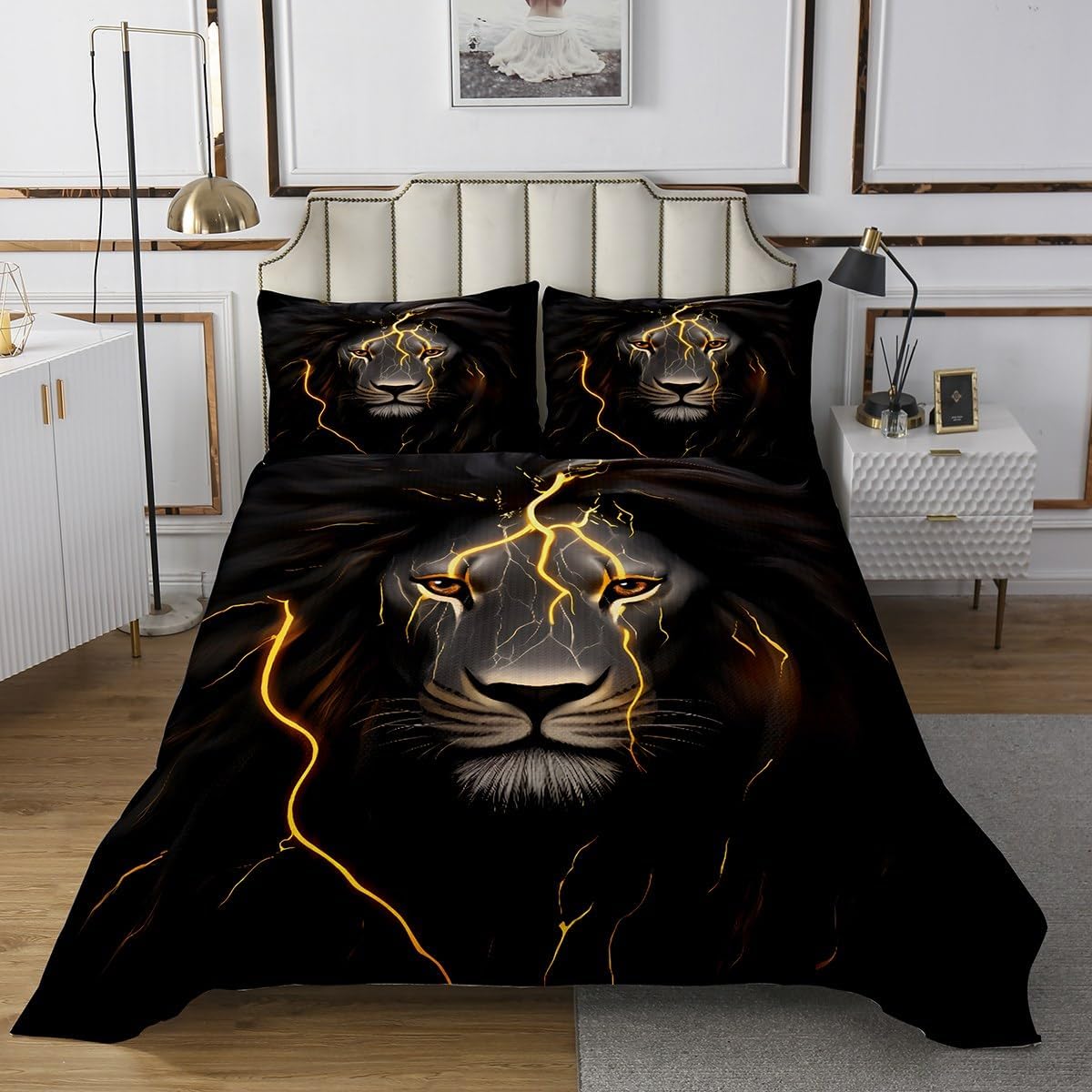 Erosebridal Lion Bedspread King Size Gold Lightning Quilted Black Lion Head Pattern Coverlet Set for Boys Teens Adults Men Bedroom Afric Wild Animal Soft Luxury Bedspread Quilt Set 2 Pillowcases