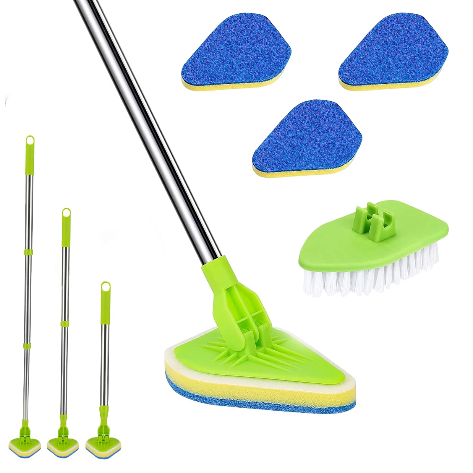 Long Handled Scrubbing Brush - Telescopic Bathroom Tile Cleaner with 3 Sponge and 1 Hard Brush for Bath Wall Glass