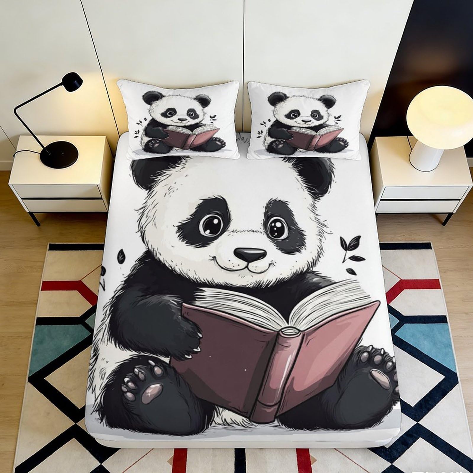 3D Printed Cute Panda Reading Fitted Sheet Microfiber Soft Anti-Slip Cartoon Book Bed Cover for Bedroom Guestroom 90x200x25cm