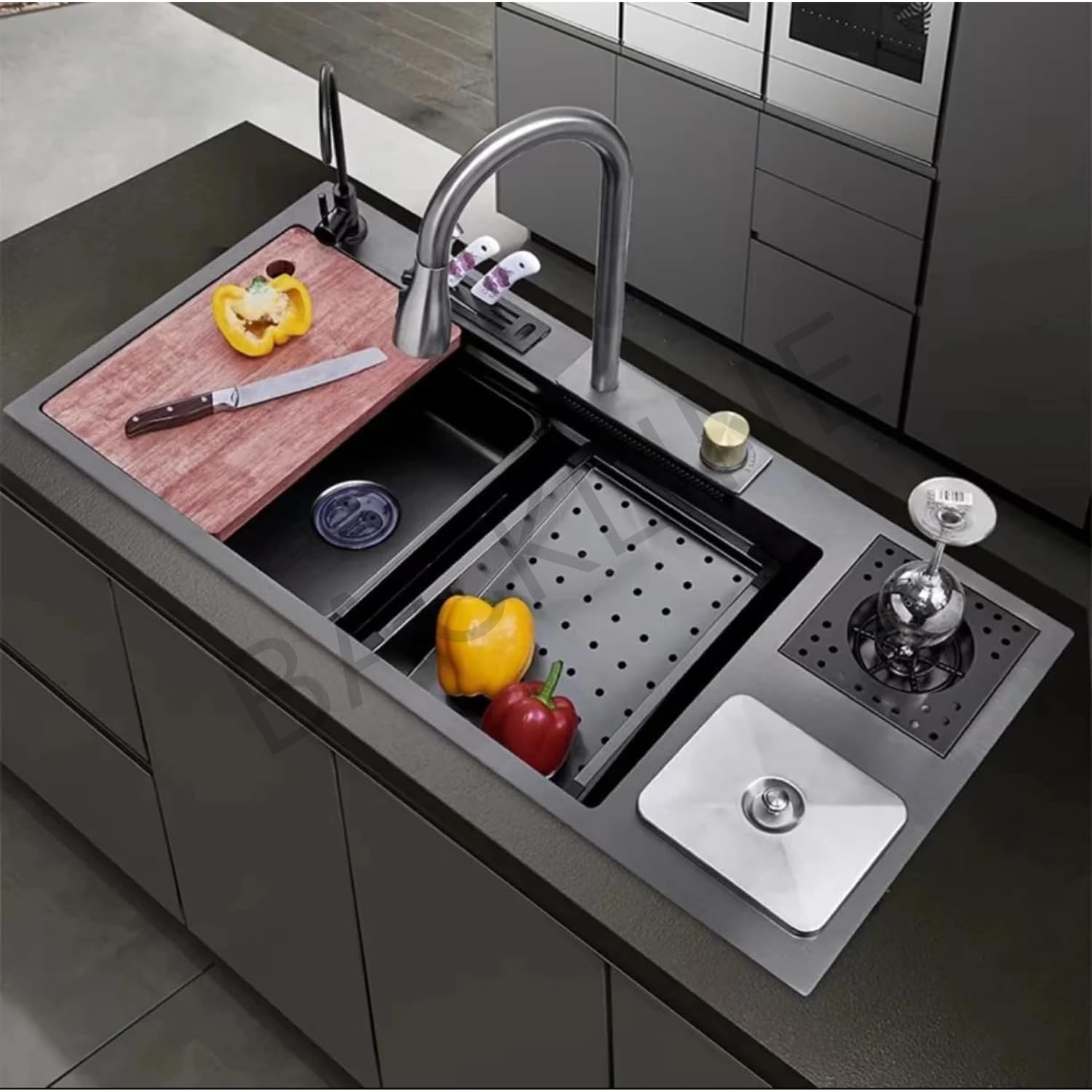 Backline Kitchen Sink 35 Inch - SS 304 Grade Modular Kitchen Sink With Waterfall Pull Down Faucet | RO-Water Purifier Tap | Fruit Basket & All Accessories (Black, Dustbin 35 X 18 X 9 Inch)-image-27